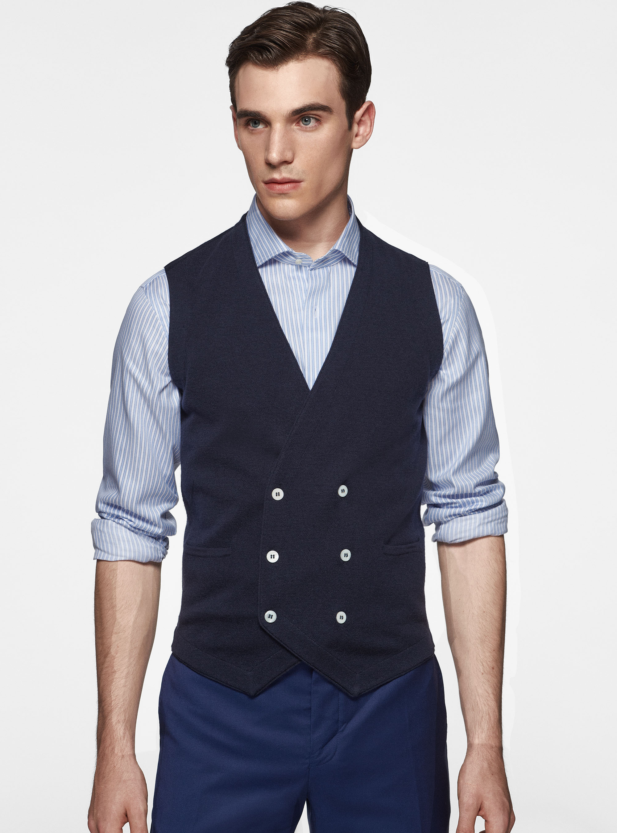 Gilet in maglia doppiopetto in pura lana merino, BLU NAVY