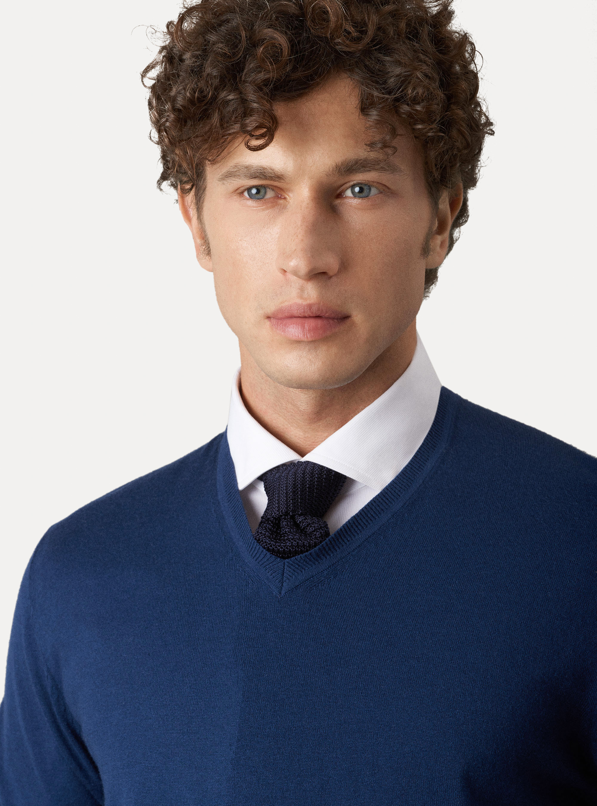 Maglia scollo a V in cotone seta e cashmere, INCHIOSTRO