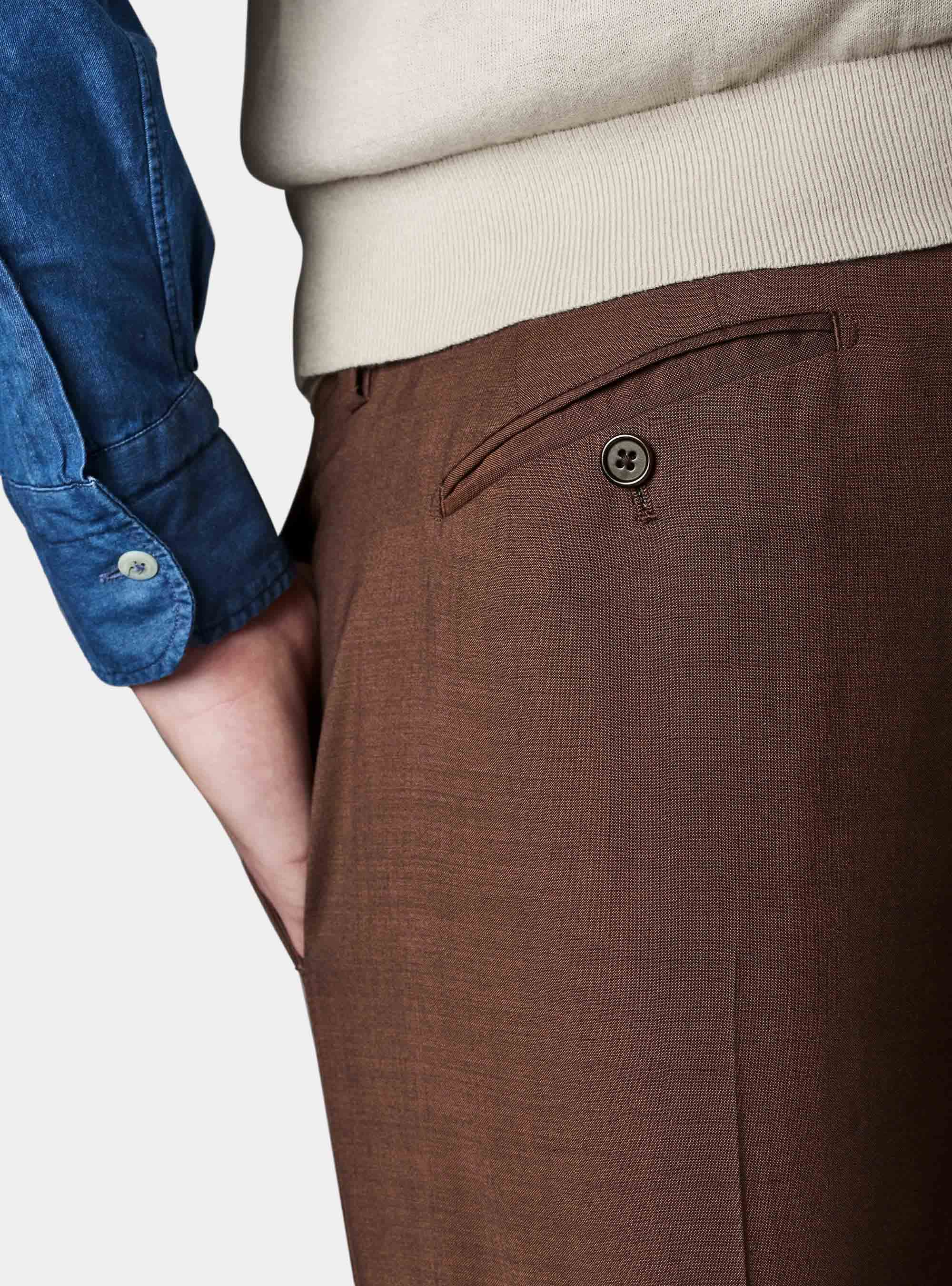 Pantaloni per abito in lana micro texture super 100, TABACCO