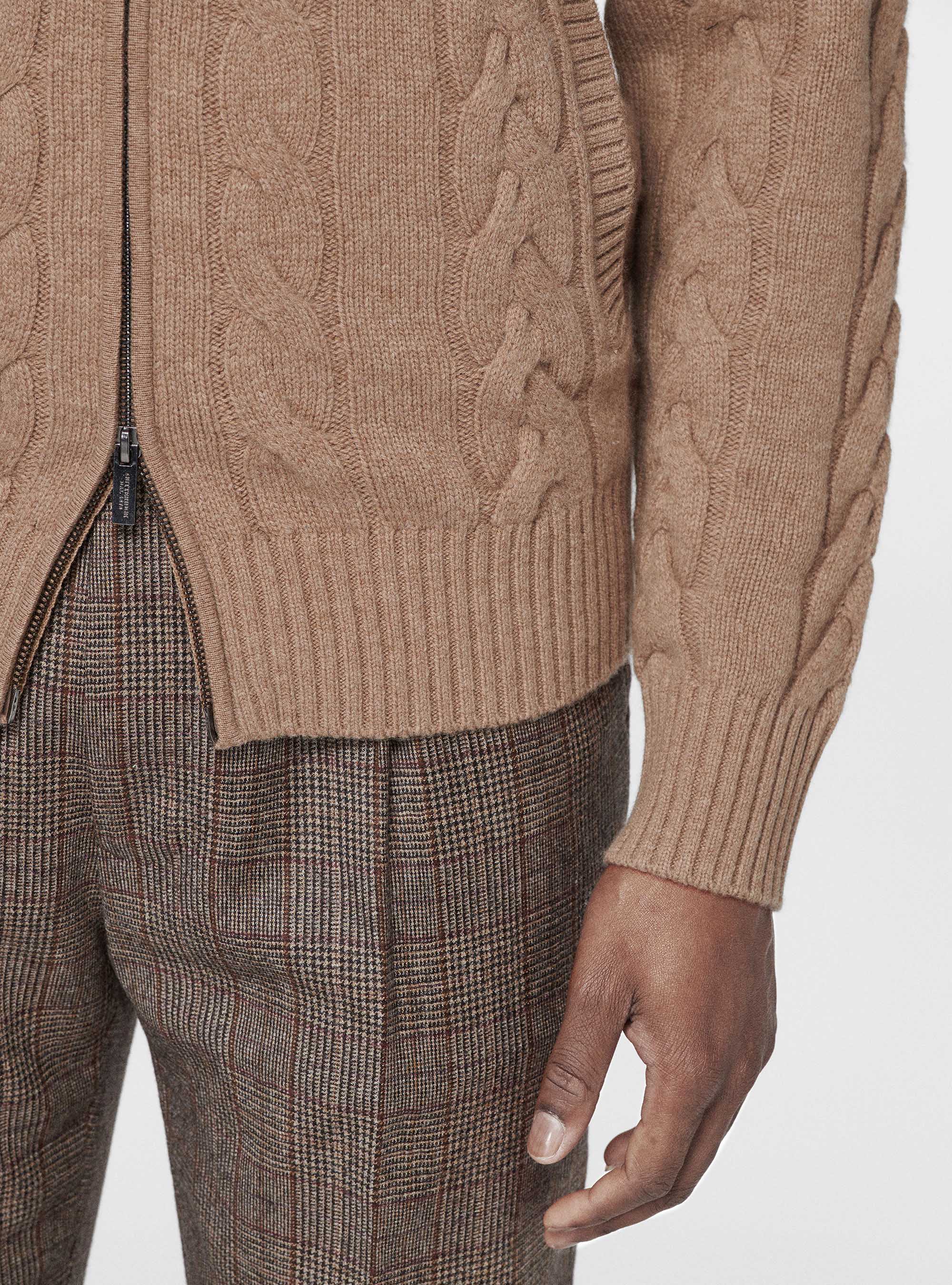 Cardigan in maglia a treccia in lana e cashmere, CAMMELLO 0570C