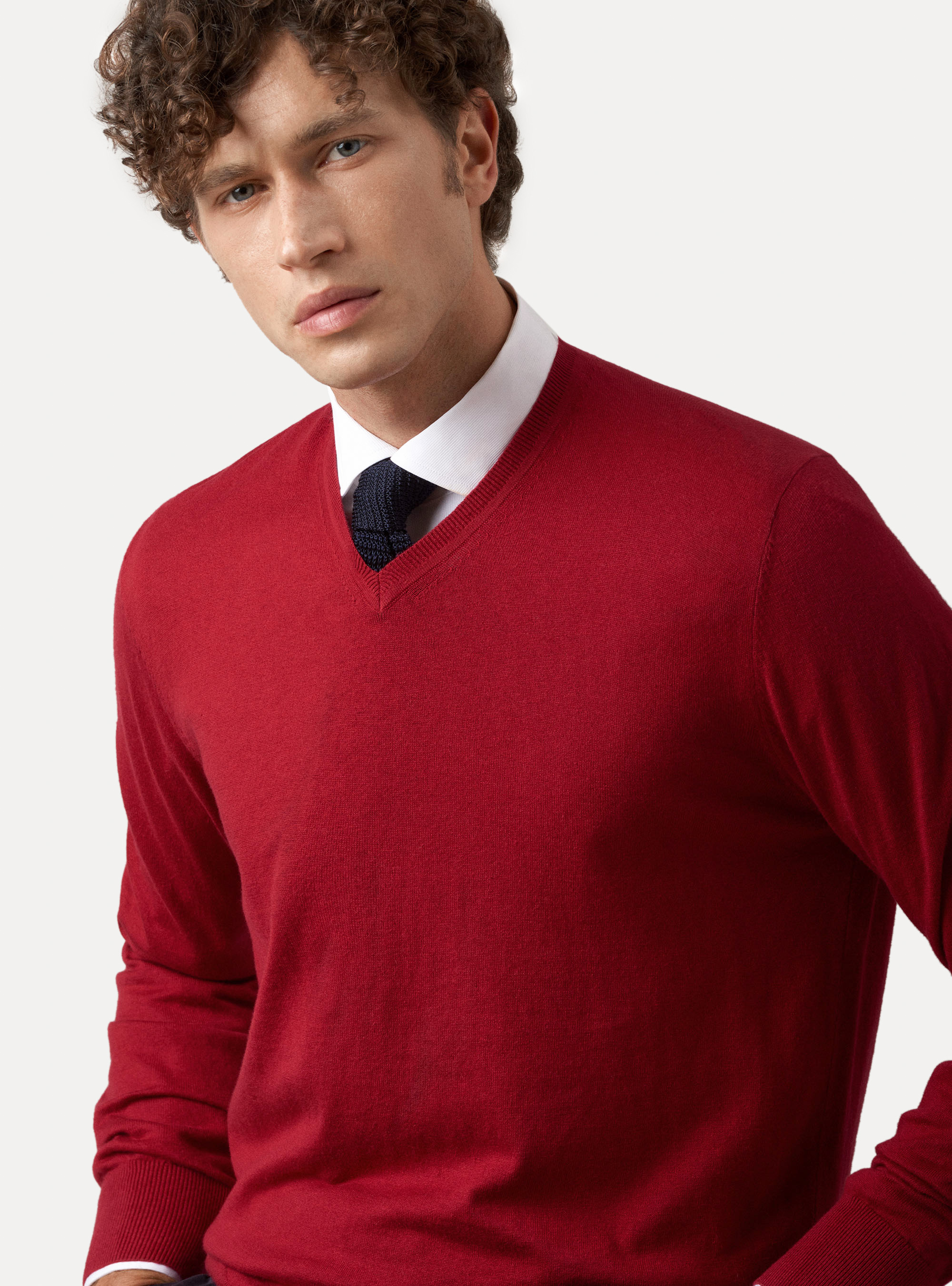 Maglia scollo a V in cotone seta e cashmere, ROSSO