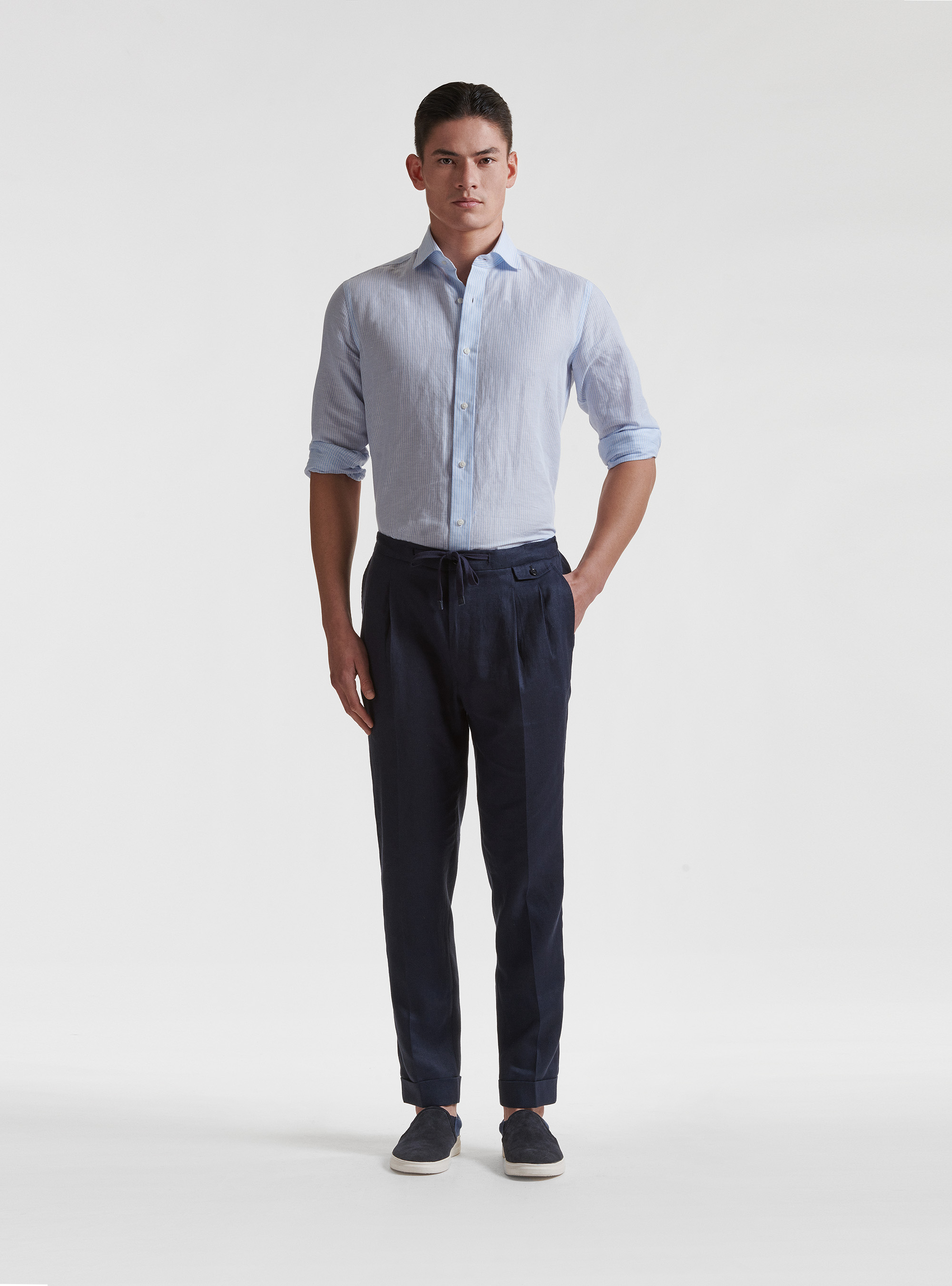 Linen pleated and drawstring trousers, NAVY BLUE