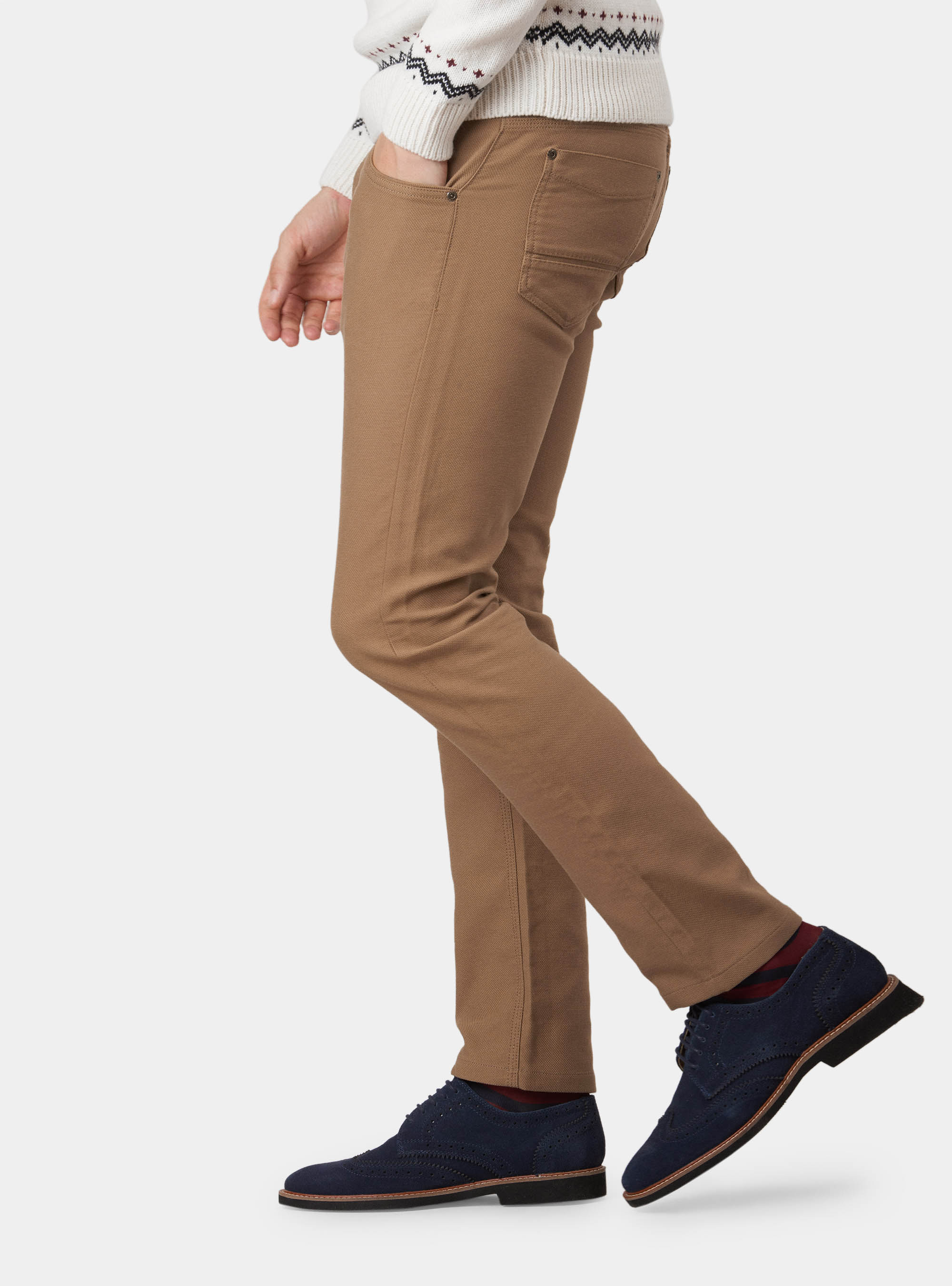 Pantaloni tipo denim in cotone stretch, NOCCIOLA 0509C