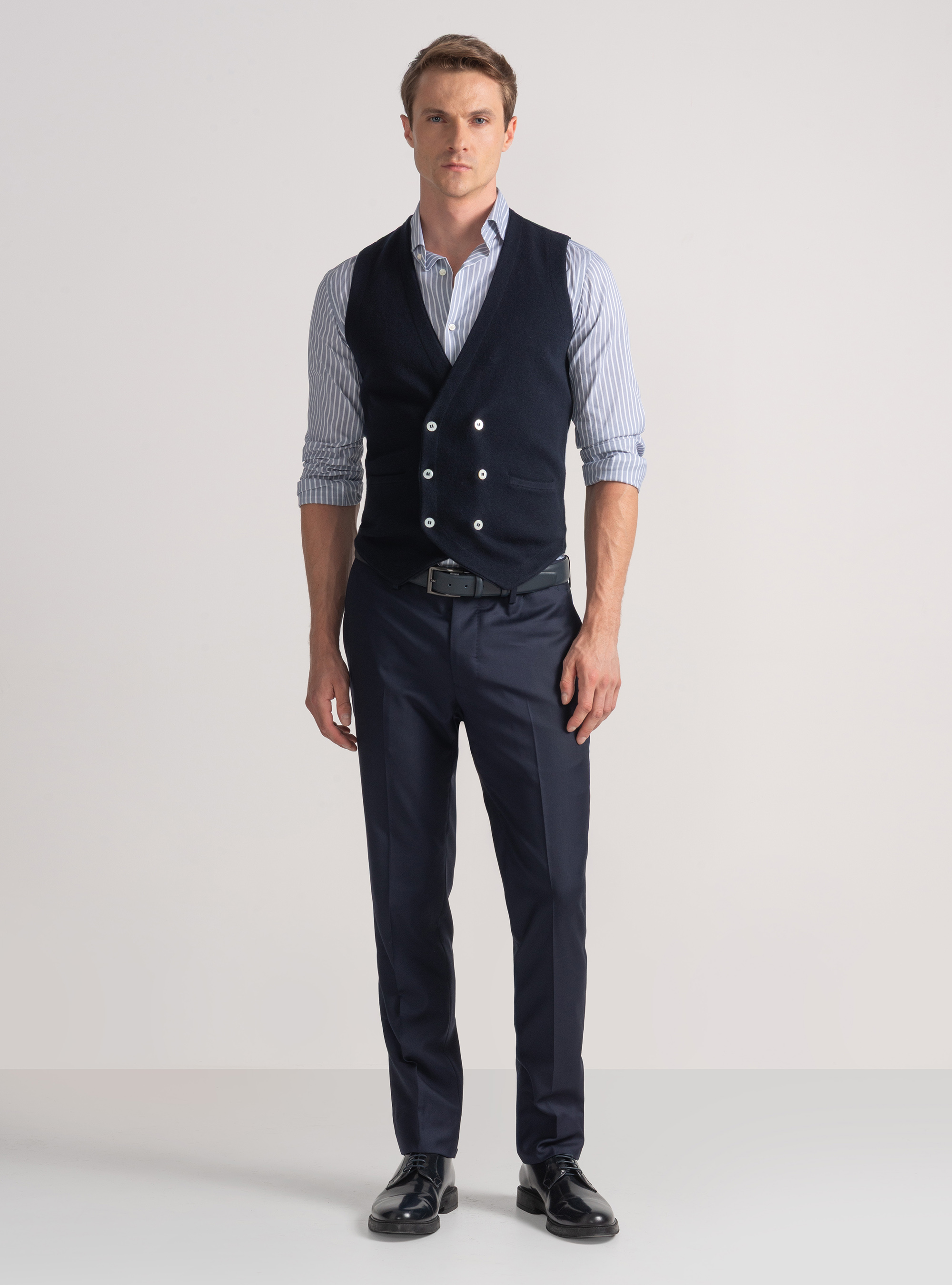 Double-breasted cotton and cashmere knit gilet, NAVY BLUE