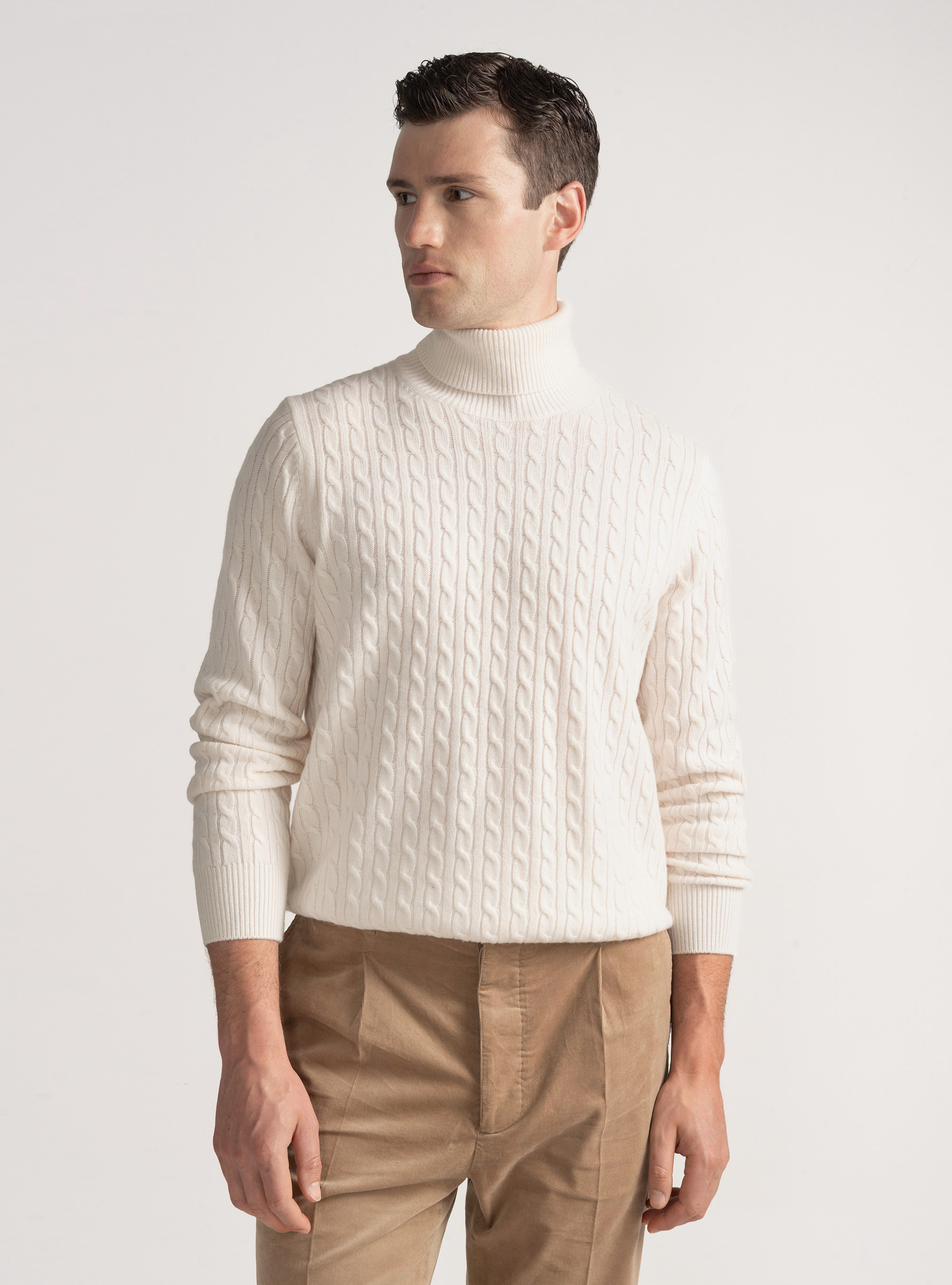 Turtleneck sweater with cashmere wool braid, WHITE
