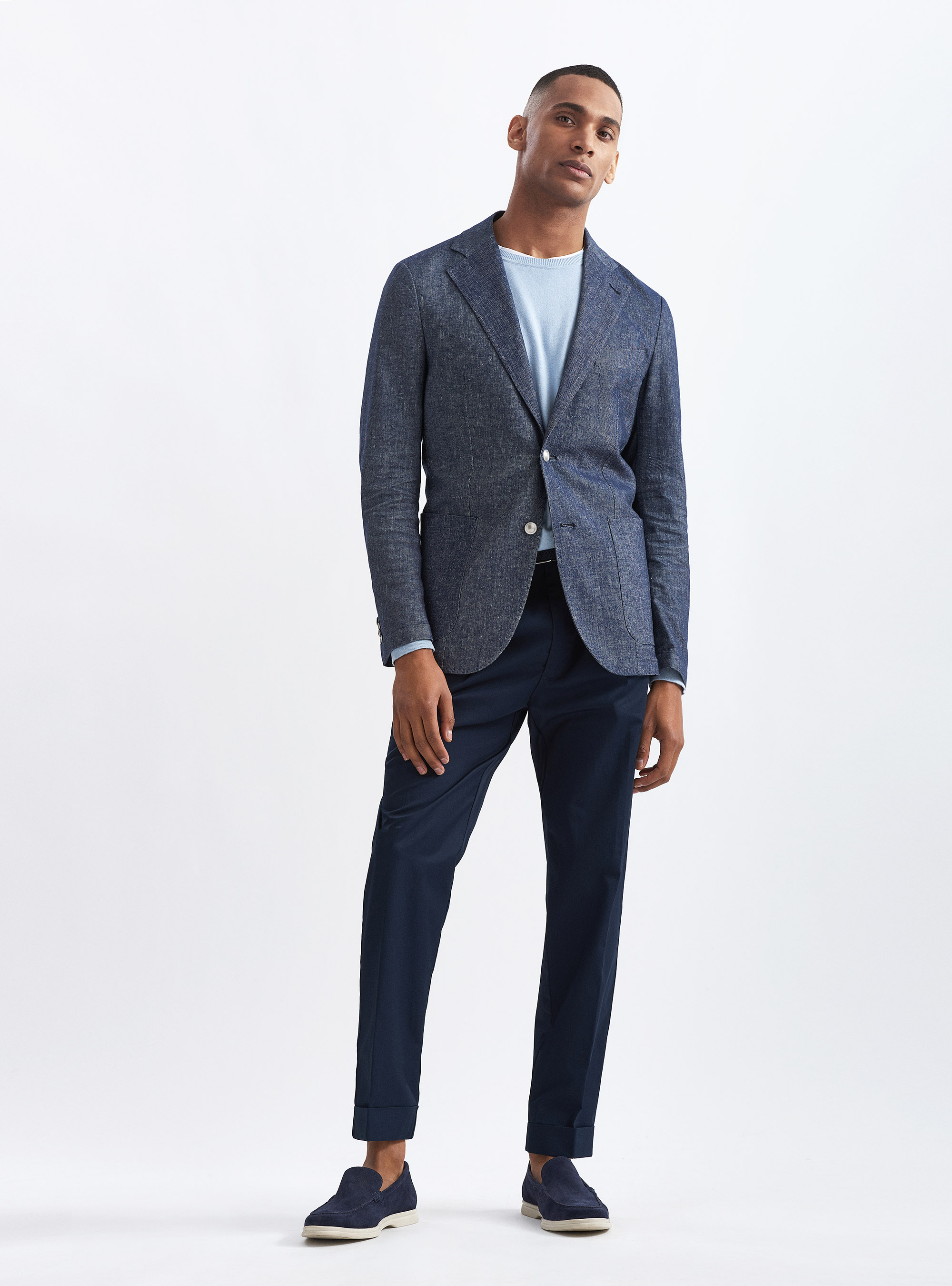 Giacca cotone e lino effetto denim, BLU NAVY