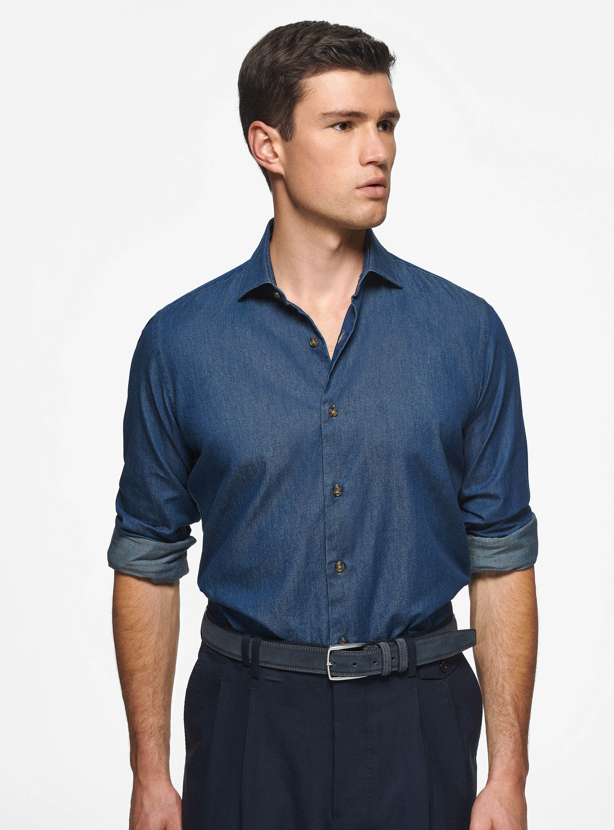 Camicia in cotone chambray, BLU NAVY