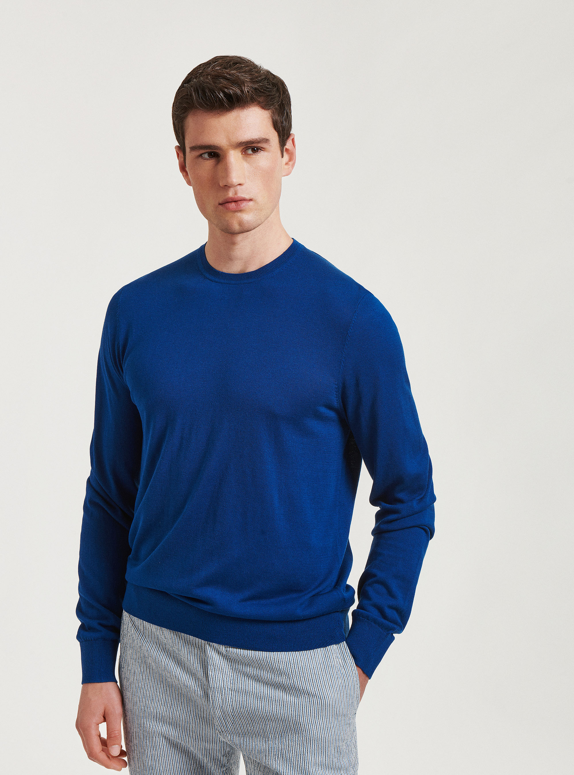 Maglia girocollo in seta e cotone, BLU ROYAL