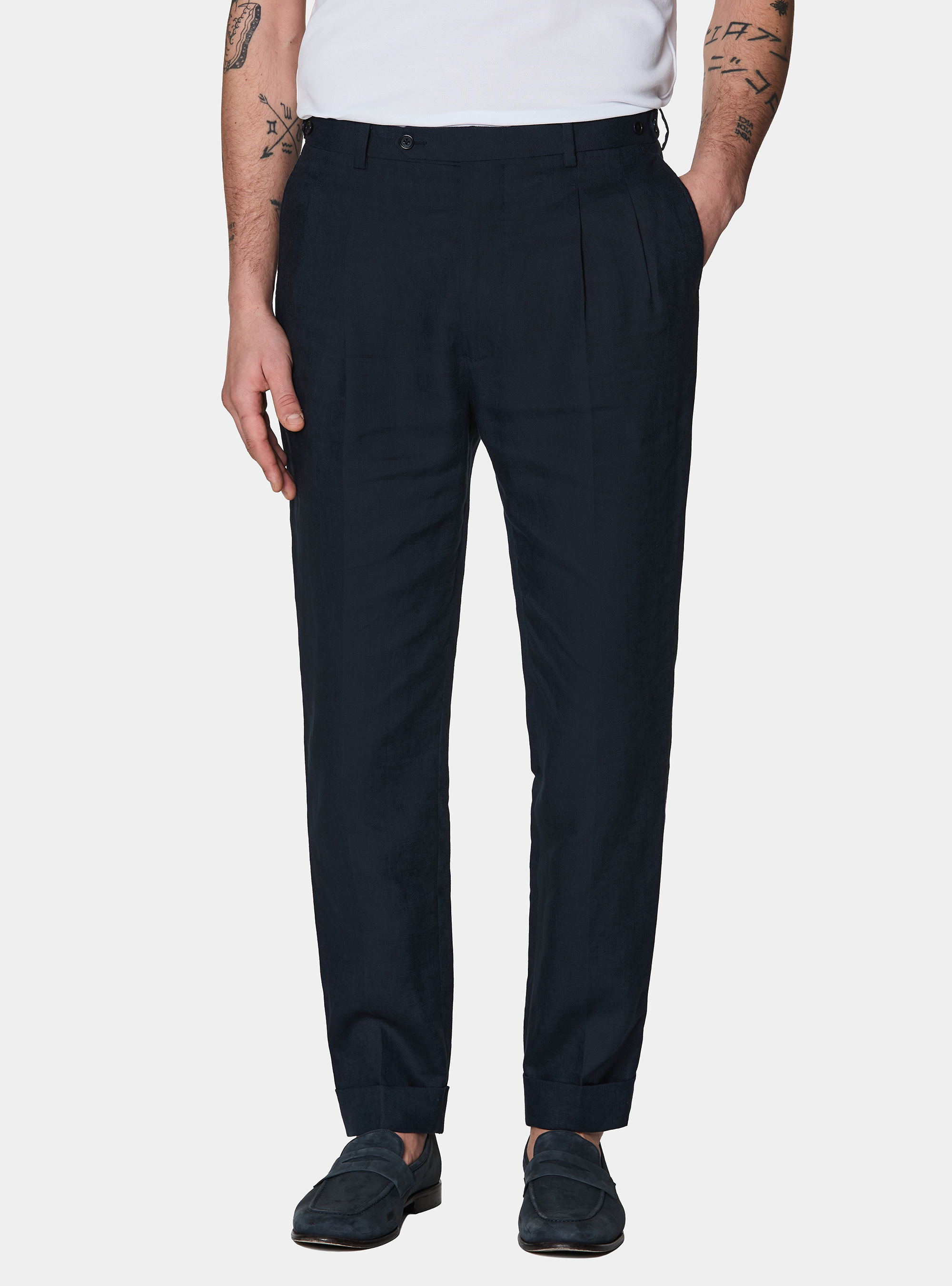 Pantaloni con pince in puro lino, BLU NAVY