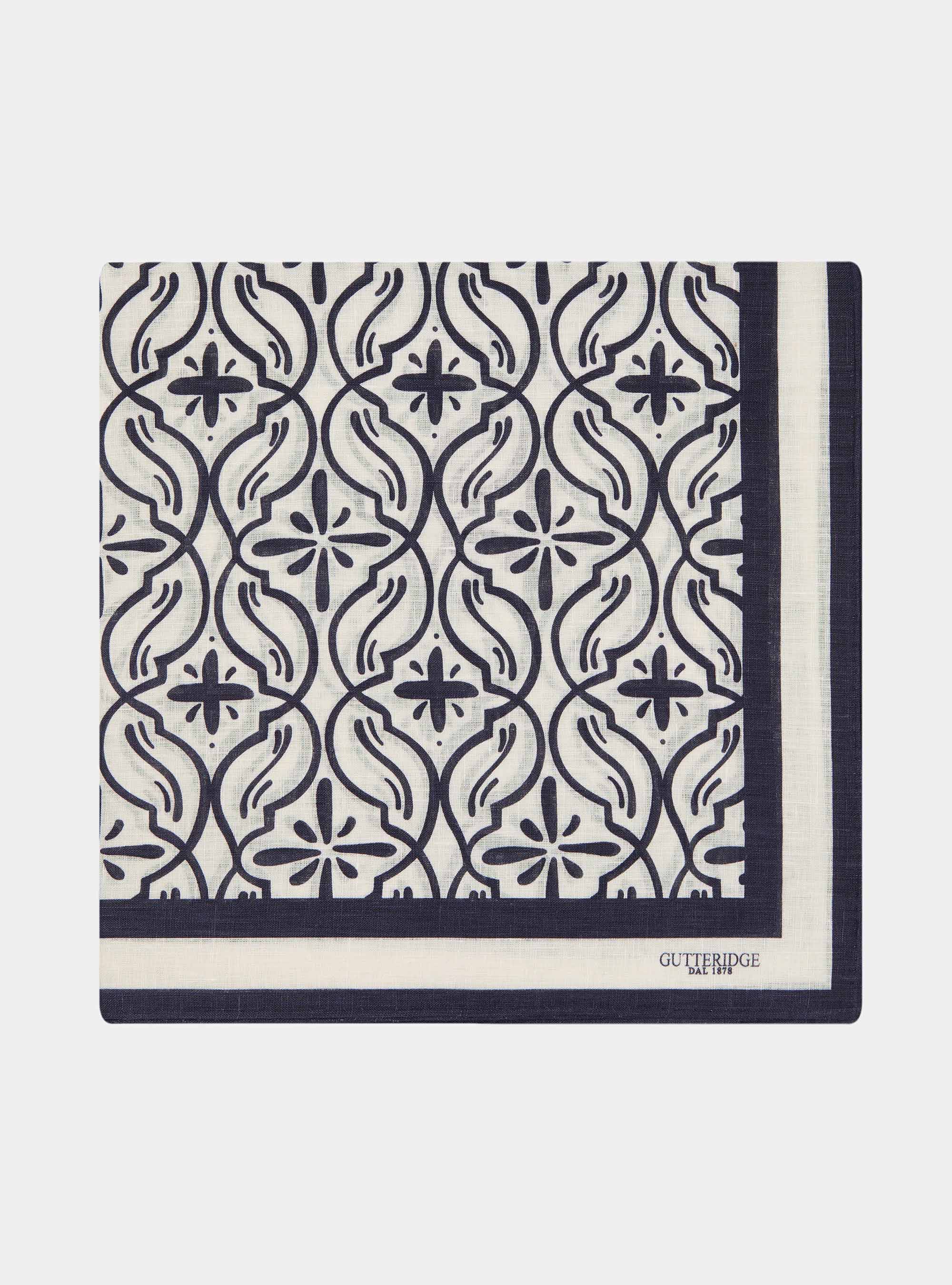 Foulard in lino stampato fantasia maioliche, NAVY BLUE