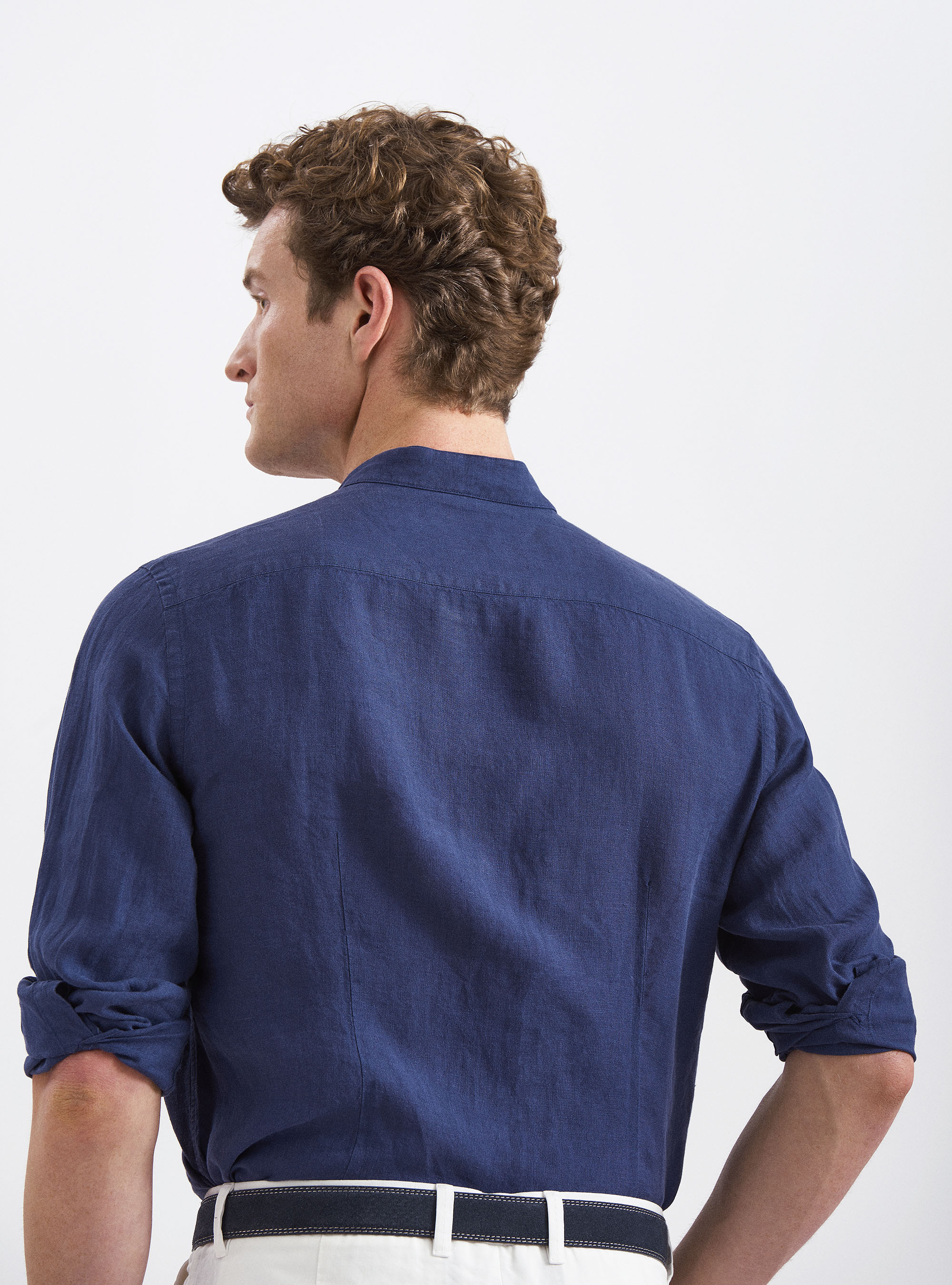 Camicia coreana in puro lino, BLU NAVY