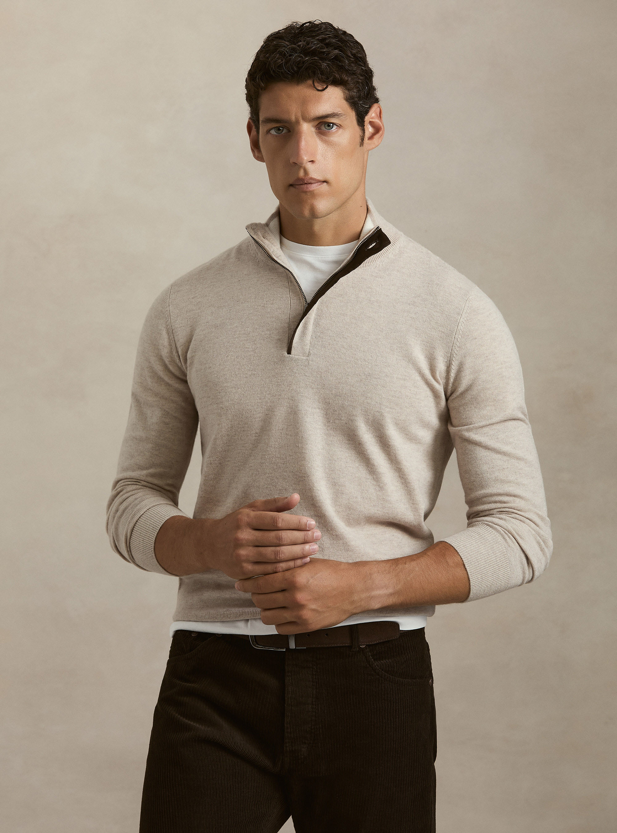 Half-zip wool blend sweater with elbow patches, ECRU