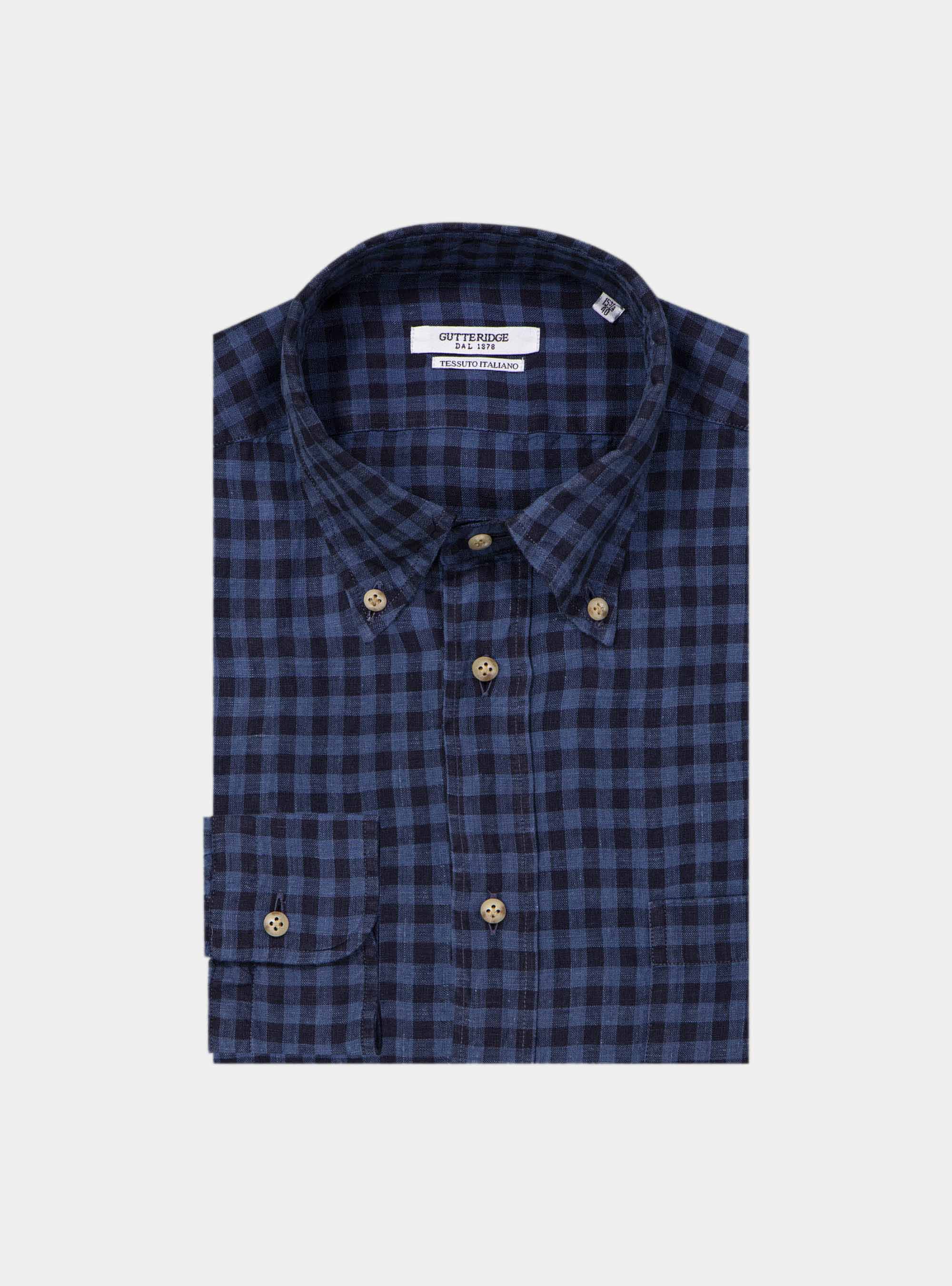 Camicia collo button down in puro lino, BLU