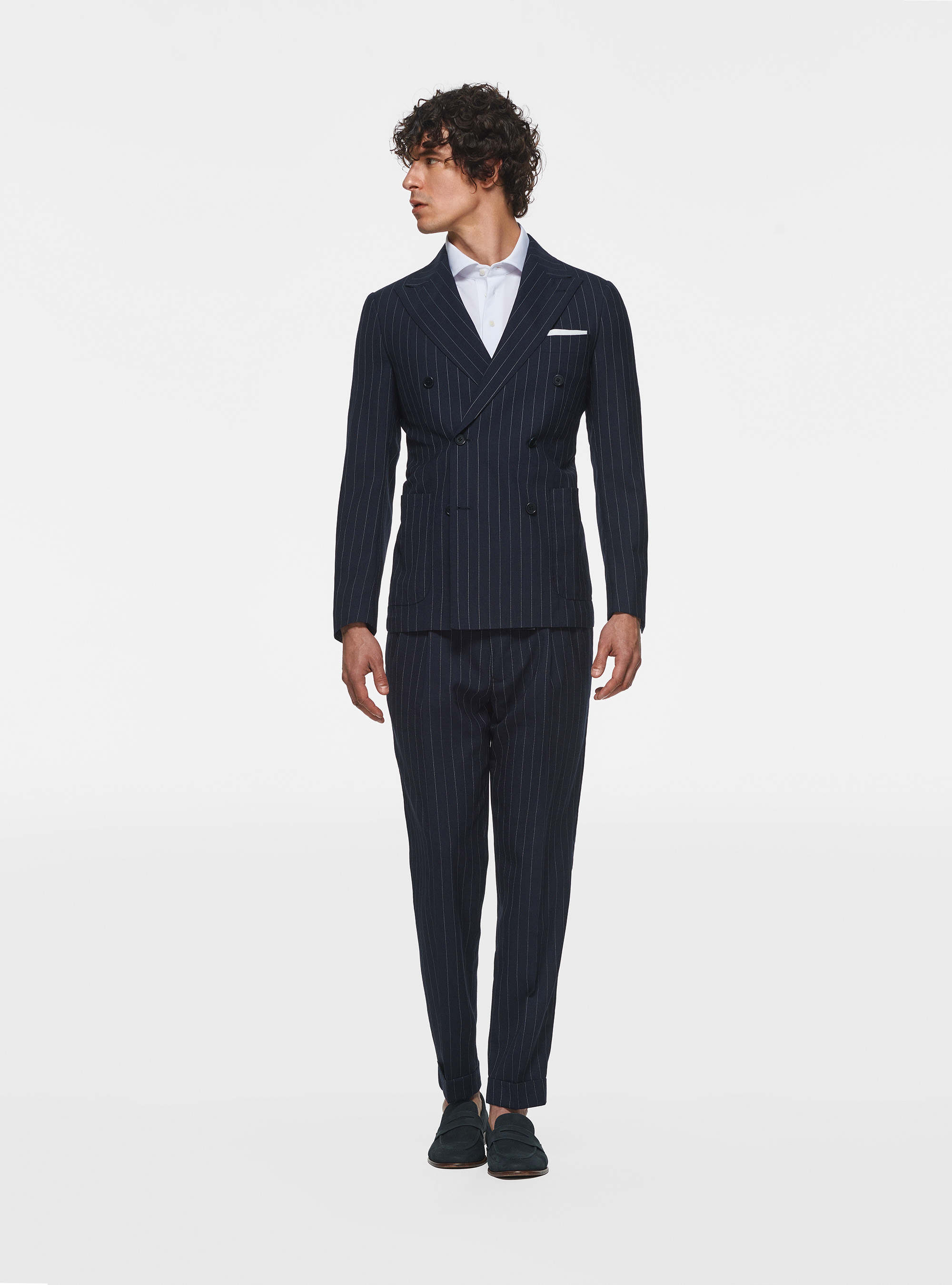 Pantaloni con pinces in pura lana gessata, BLU NAVY