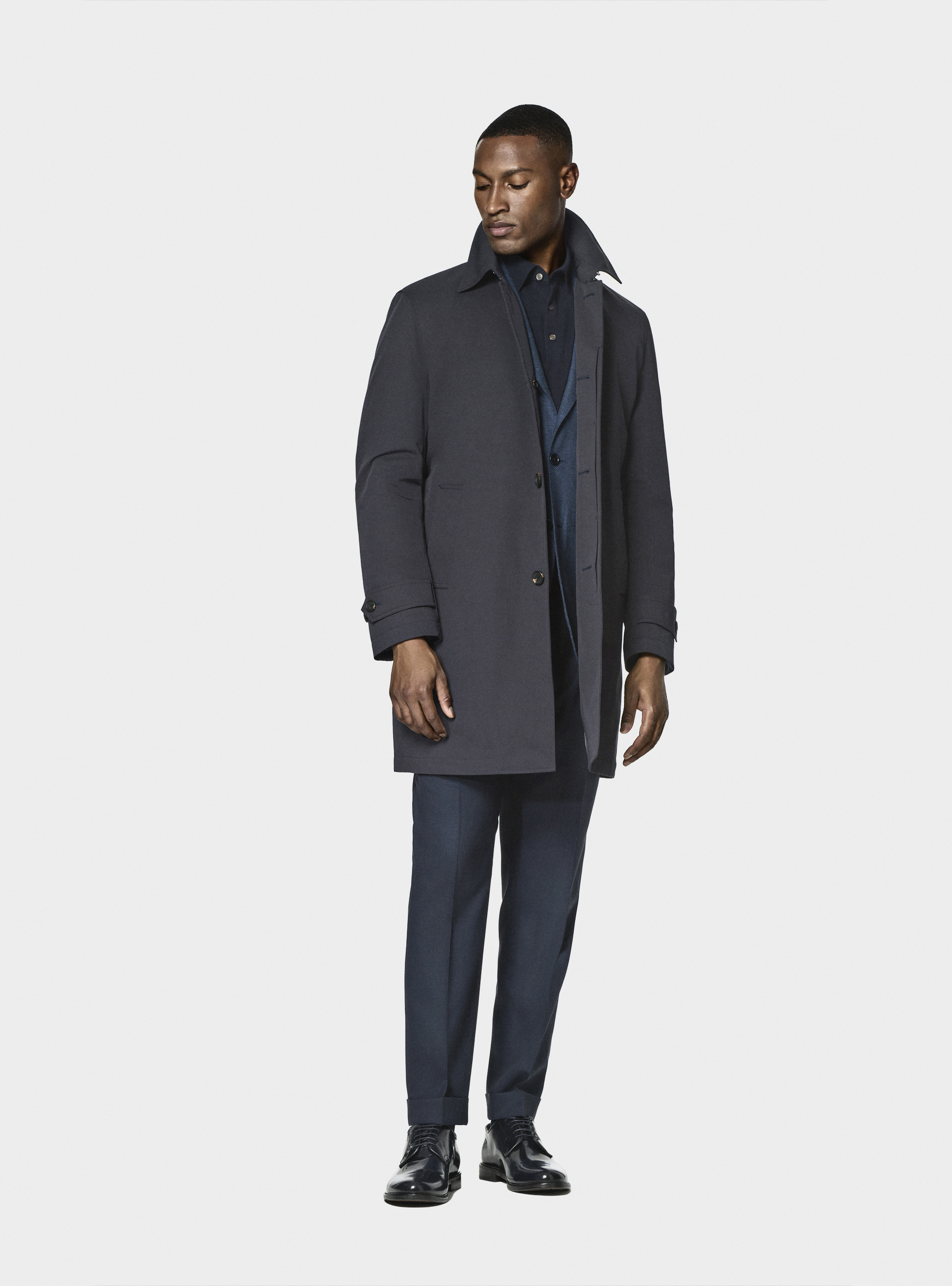 Impermeabile monopetto in misto cotone, BLU NAVY