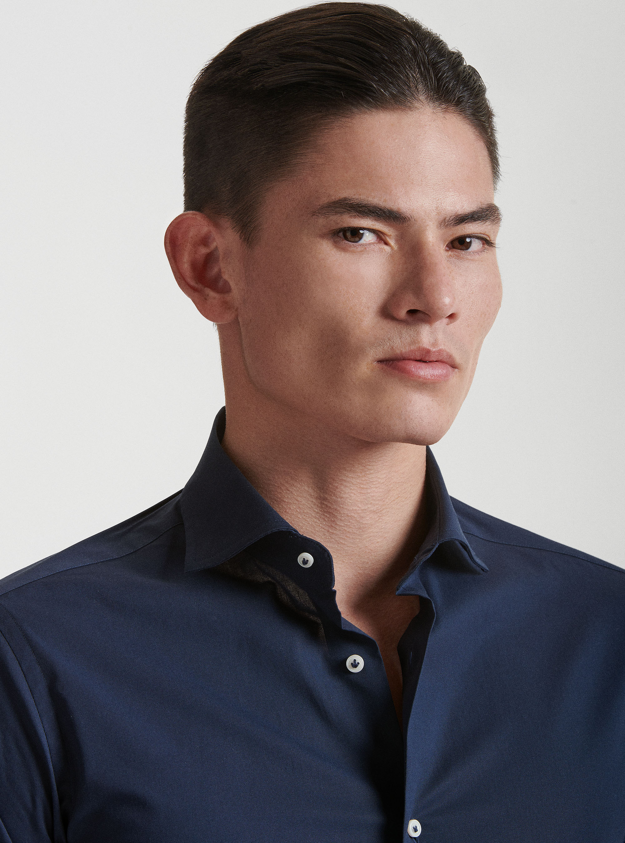 Camicia collo semi francese in popeline stretch, BLU NAVY