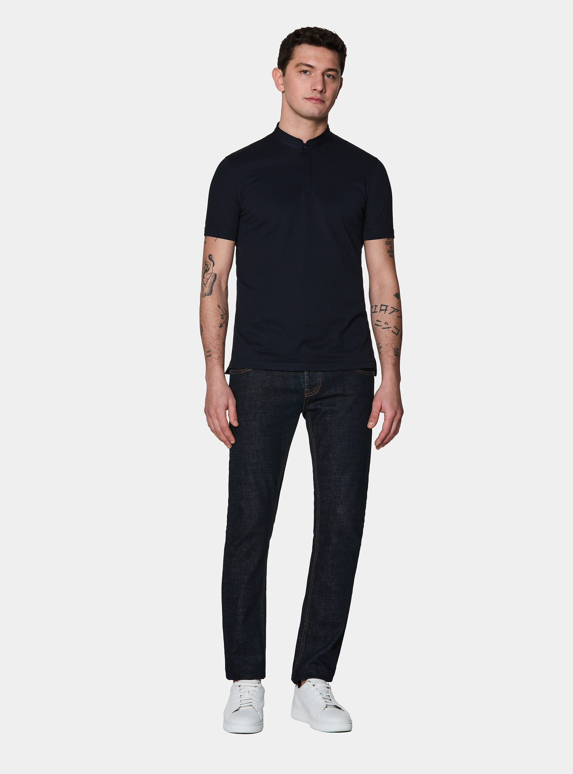 Polo collo coreano in misto cotone stretch, BLU NAVY