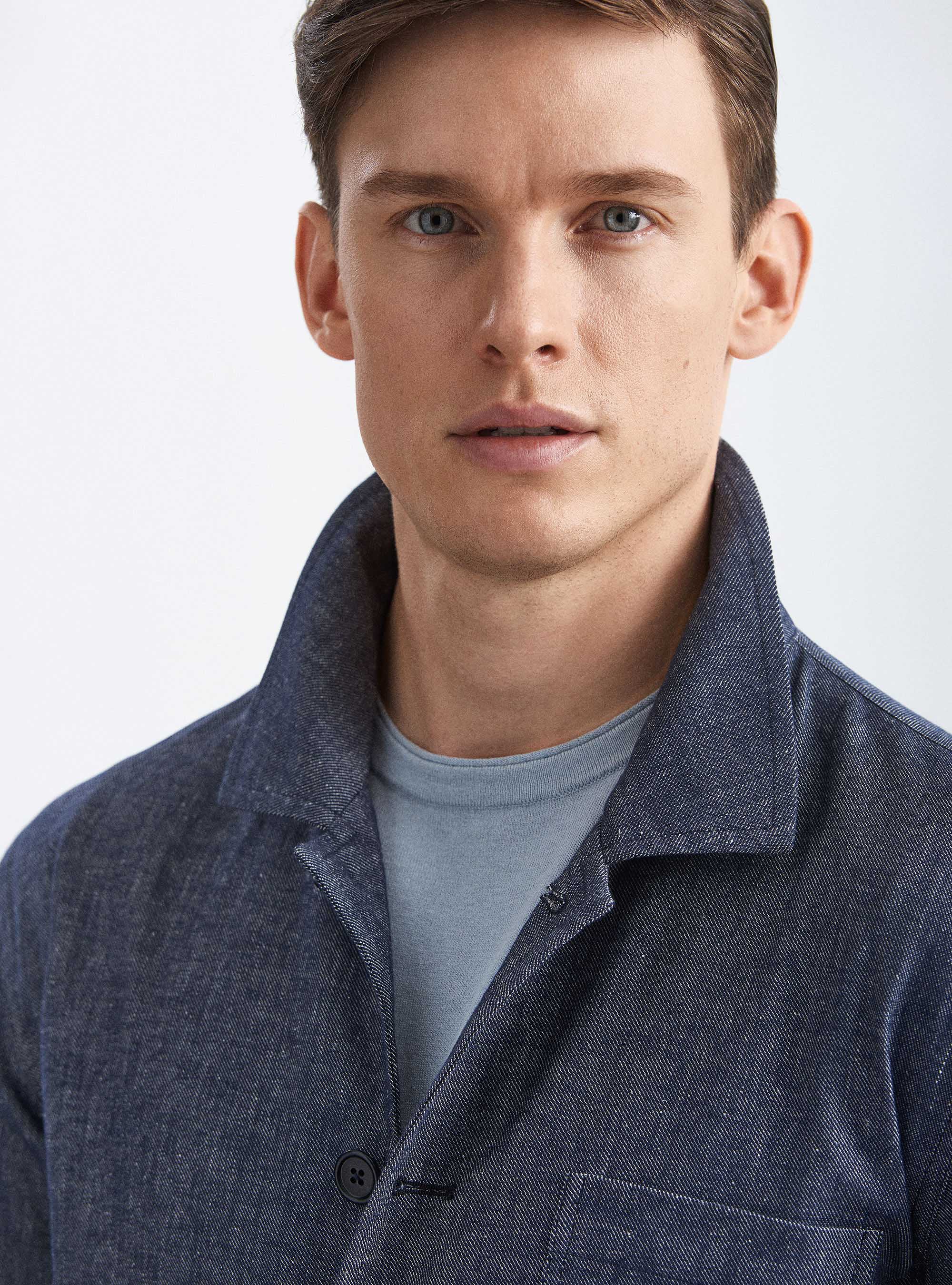 Giacca camicia in cotone e lino effetto denim, BLU NAVY