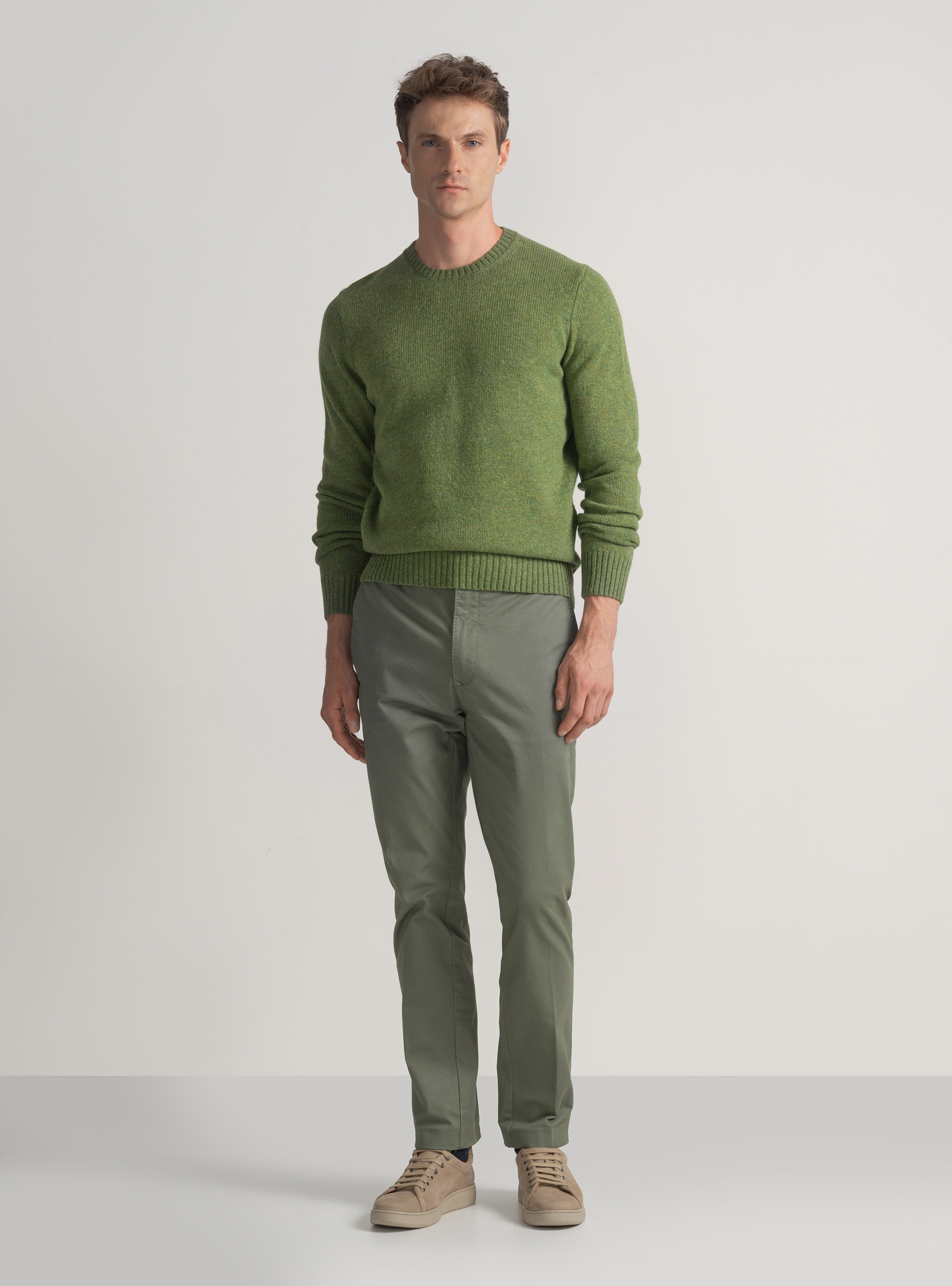 Shetland wool crew-neck sweater, OLIVE