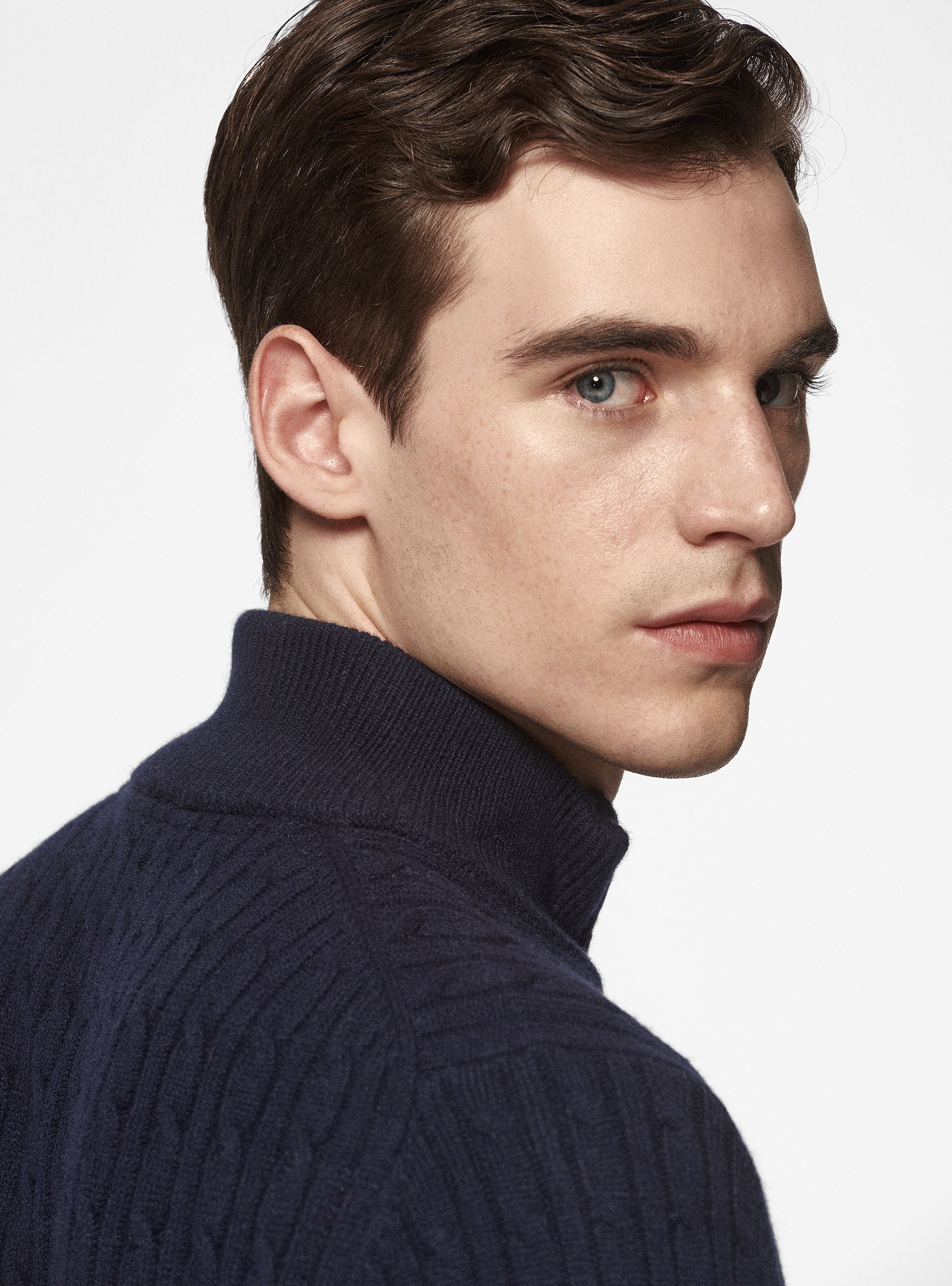 Maglia mock neck in lana e cashmere con trecce, BLU NAVY