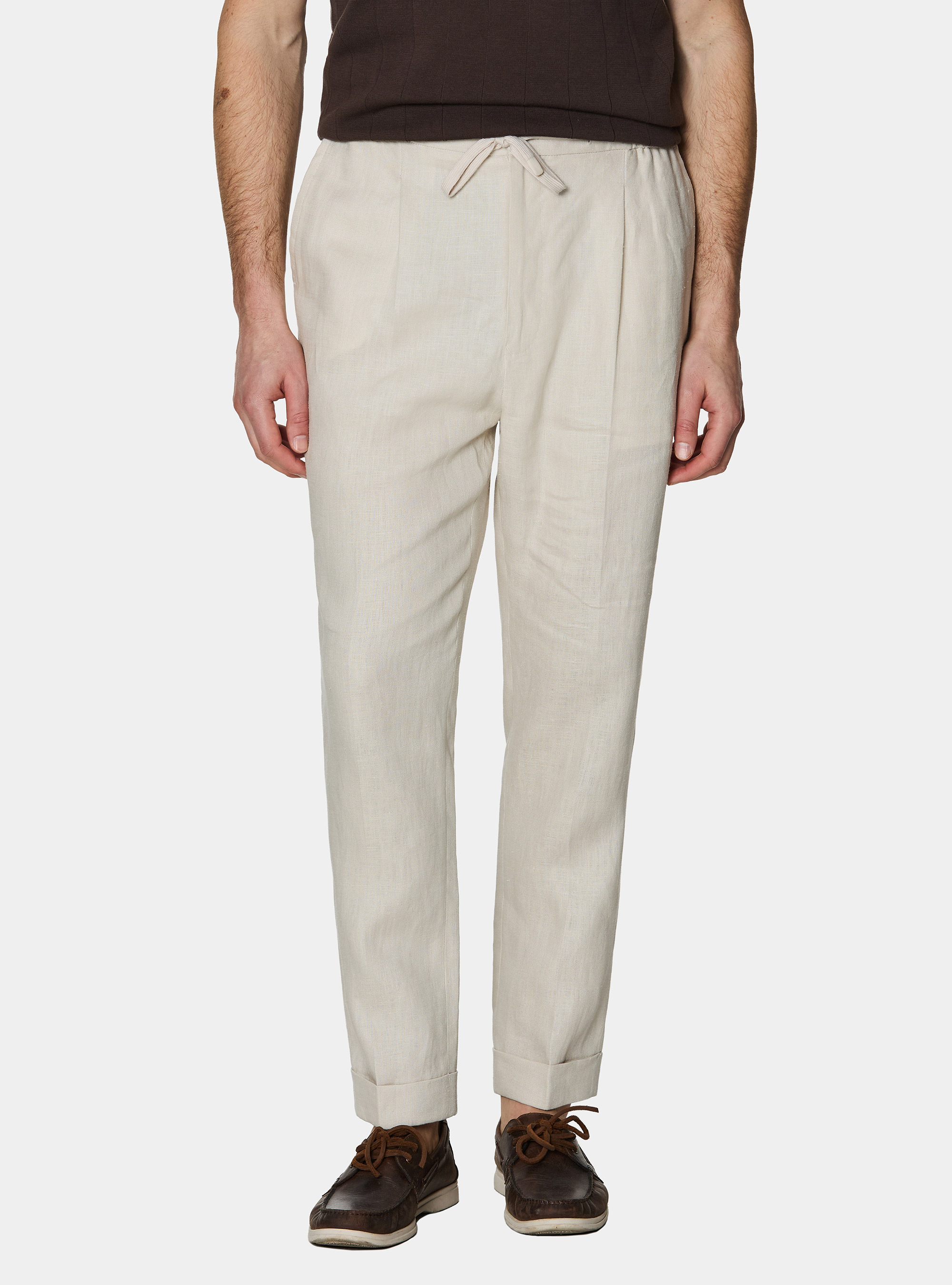 Pantaloni in puro lino con pince e coulisse, ECRU