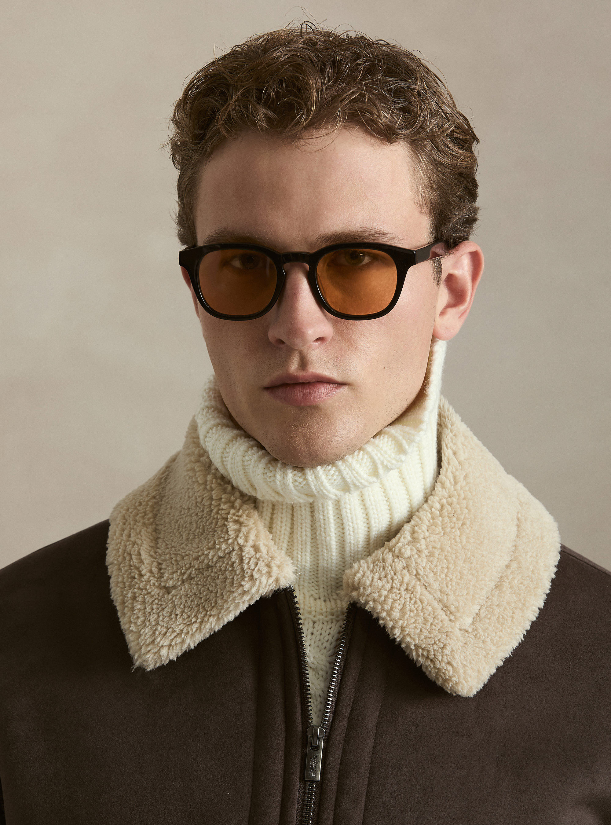 Suede-effect shearling with knit sleeves, BROWN