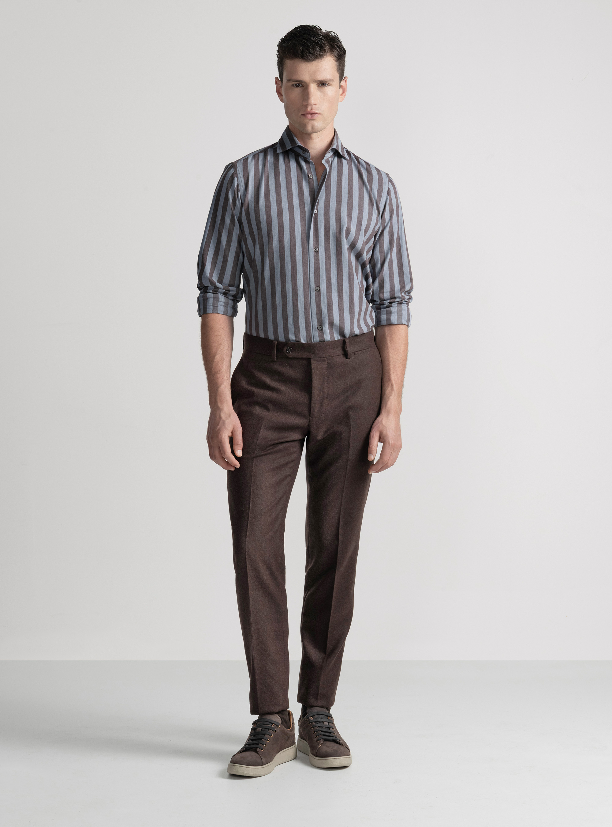 Camicia rigata in flanella di misto cotone, MARRONE