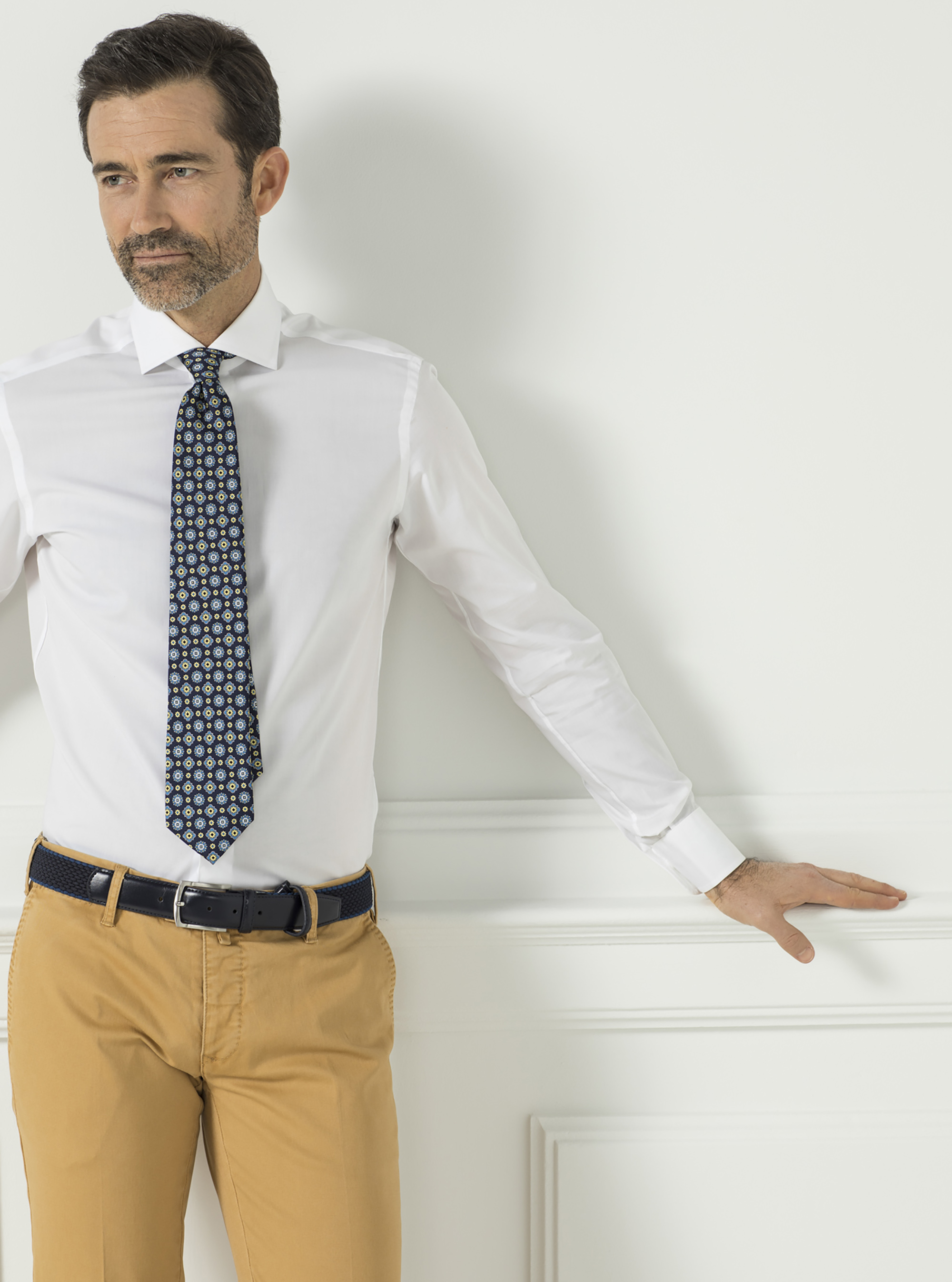 Cotton fil a fil French collar shirt, WHITE