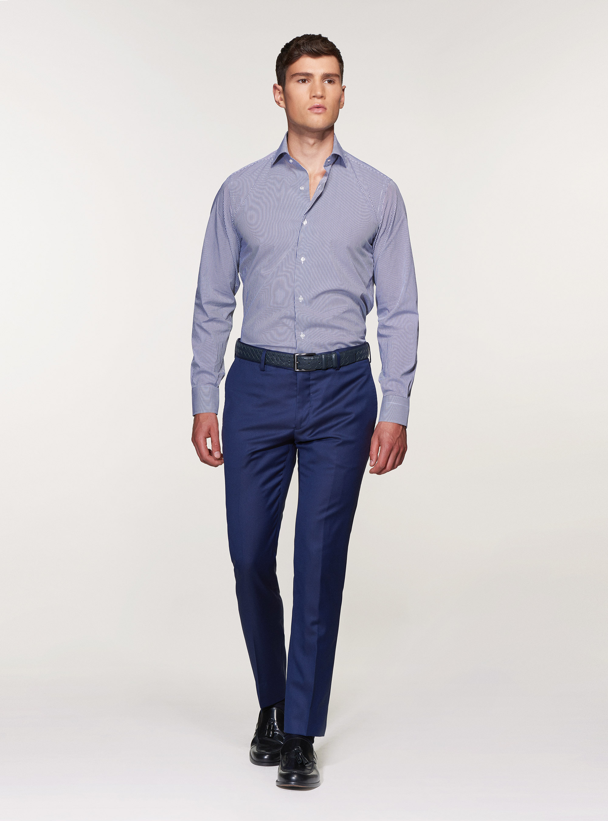 Camicia slim fit in popeline di cotone stretch rigato, BLU NAVY