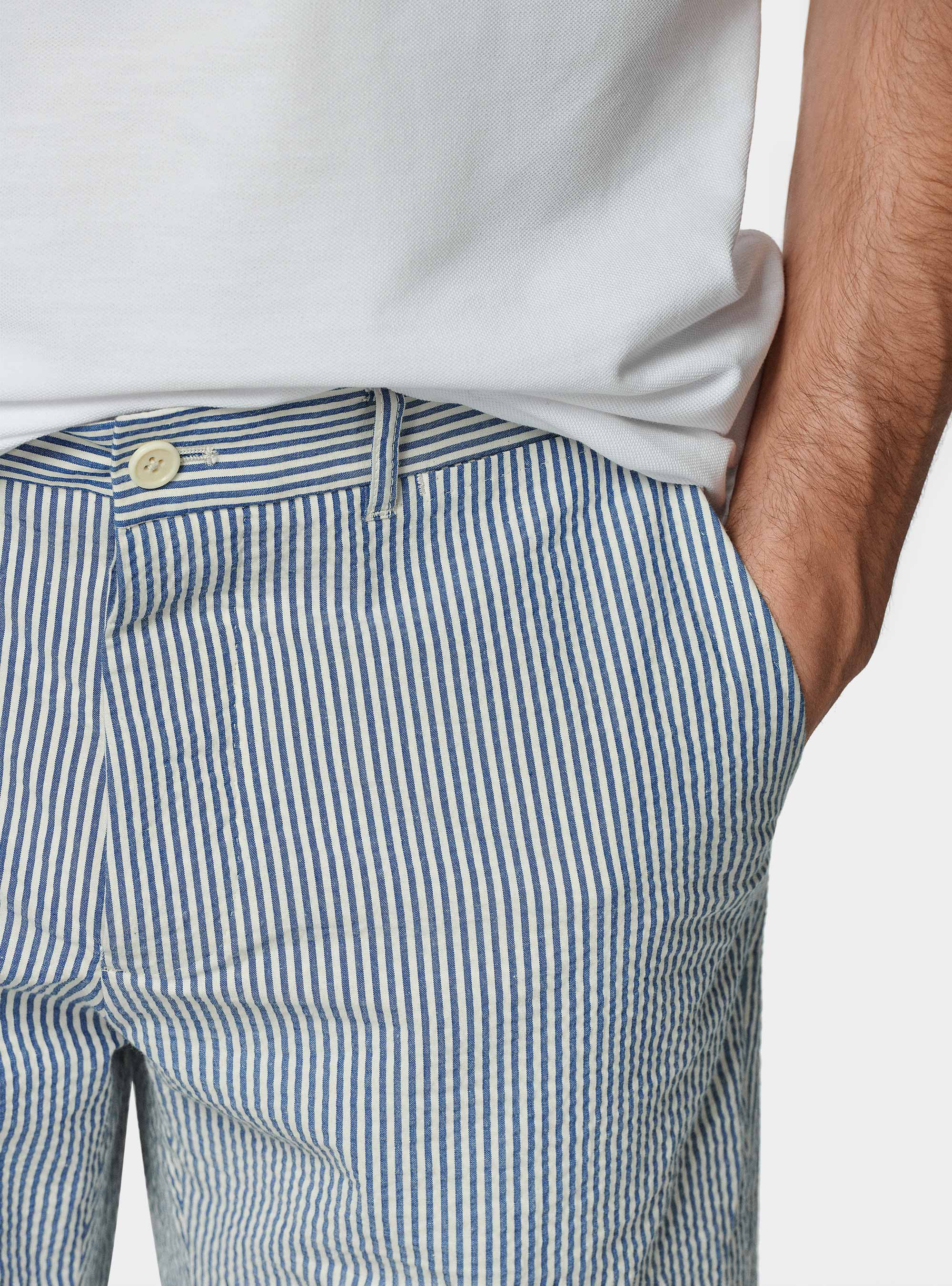 Bermuda en coton seersucker extensible, BLEU