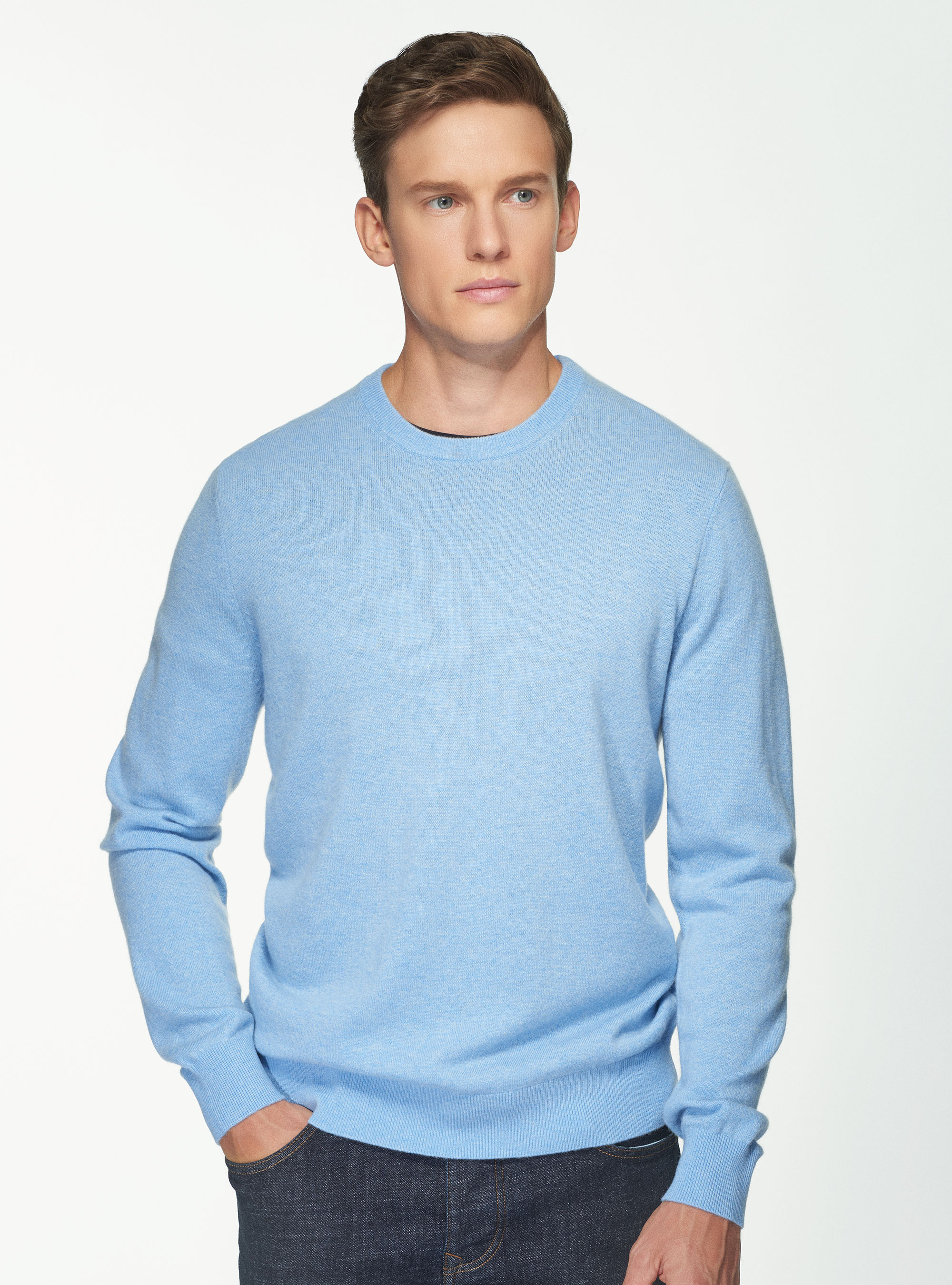 Maglia girocollo in puro cashmere, AZZURRO