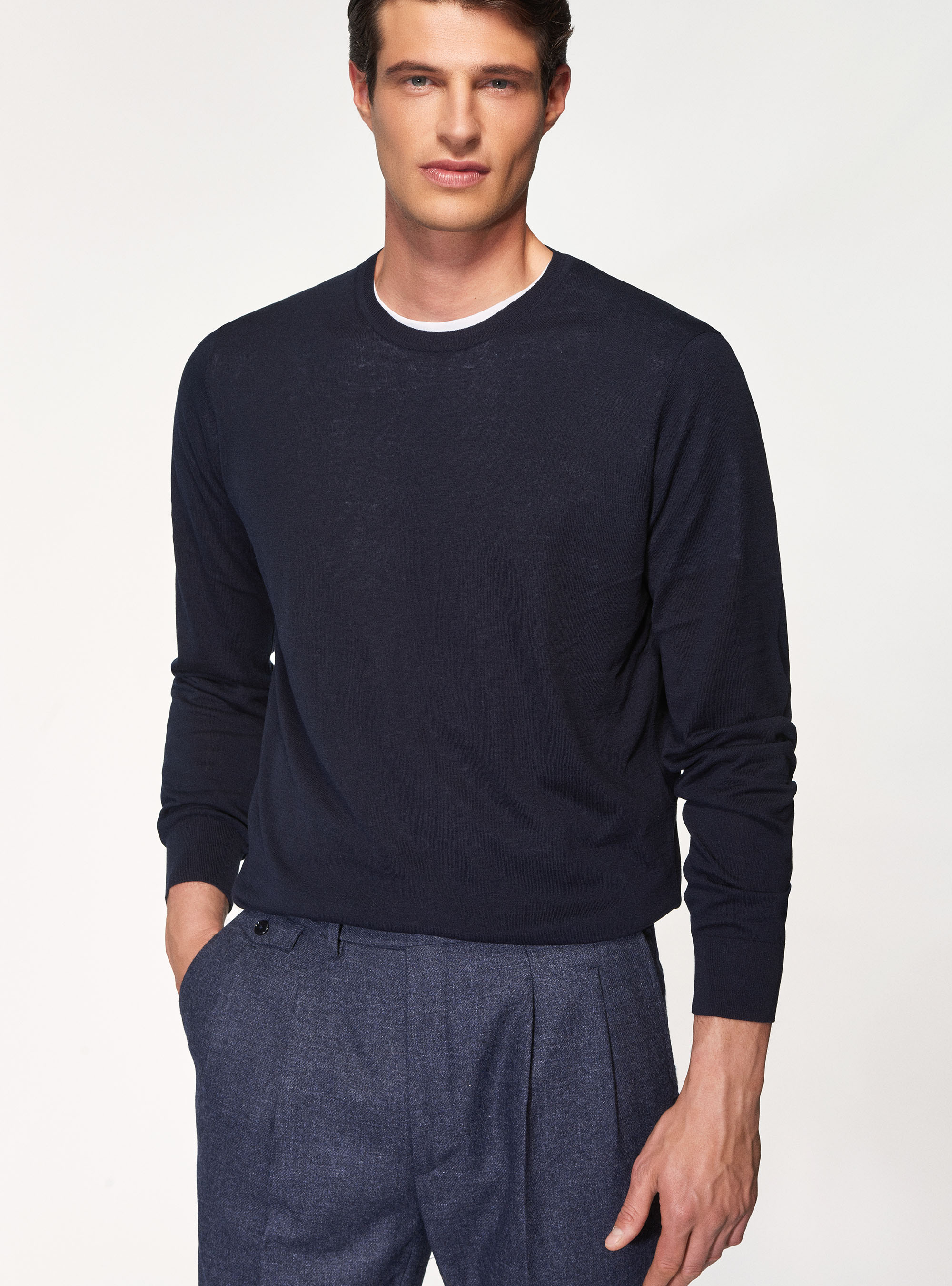 Silk cotton crew-neck sweater, NAVY BLUE
