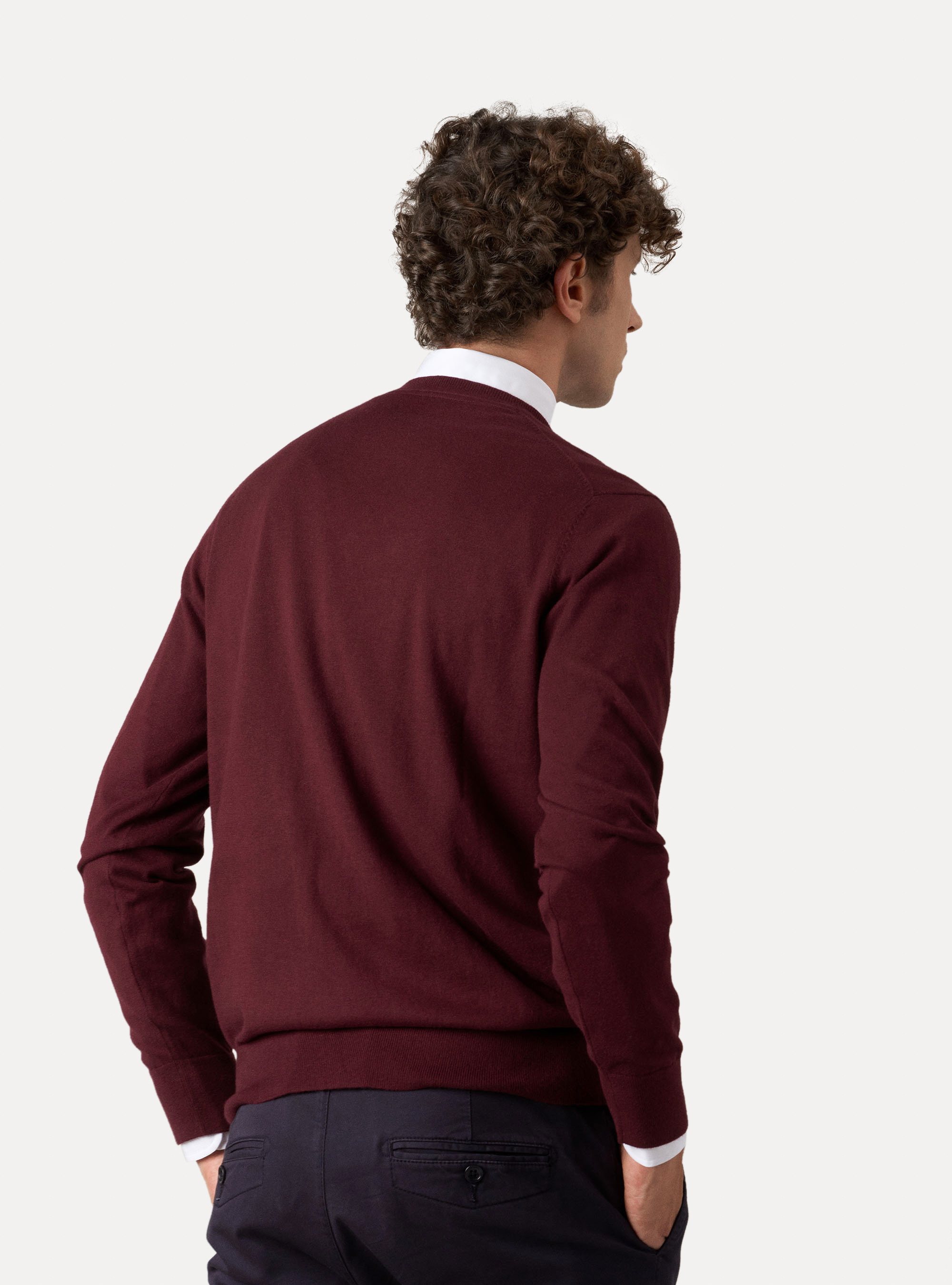 Pull à col en V en coton, soie et cachemire, BORDEAUX