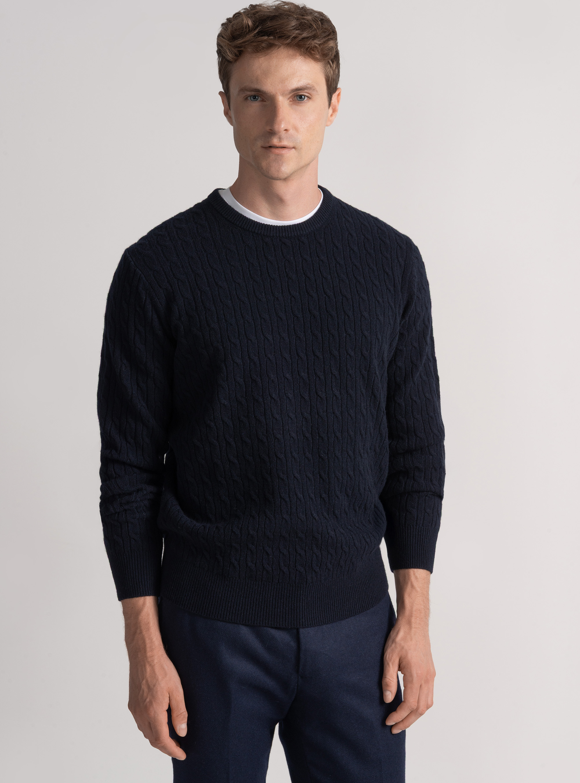 Cashmere wool crew-neck sweater with braid, NAVY BLUE