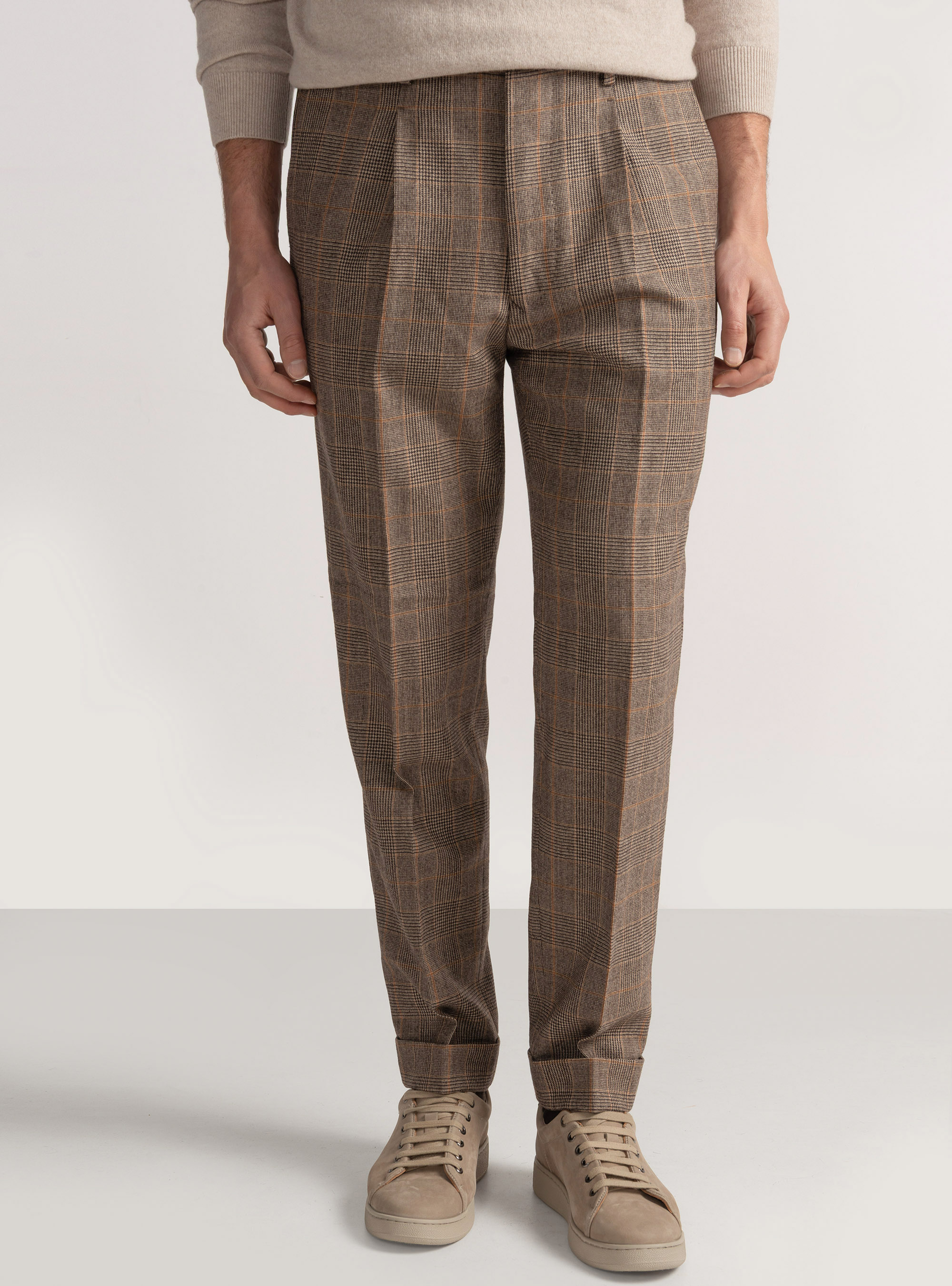 Patterned pleat trousers in wool blend, BROWN