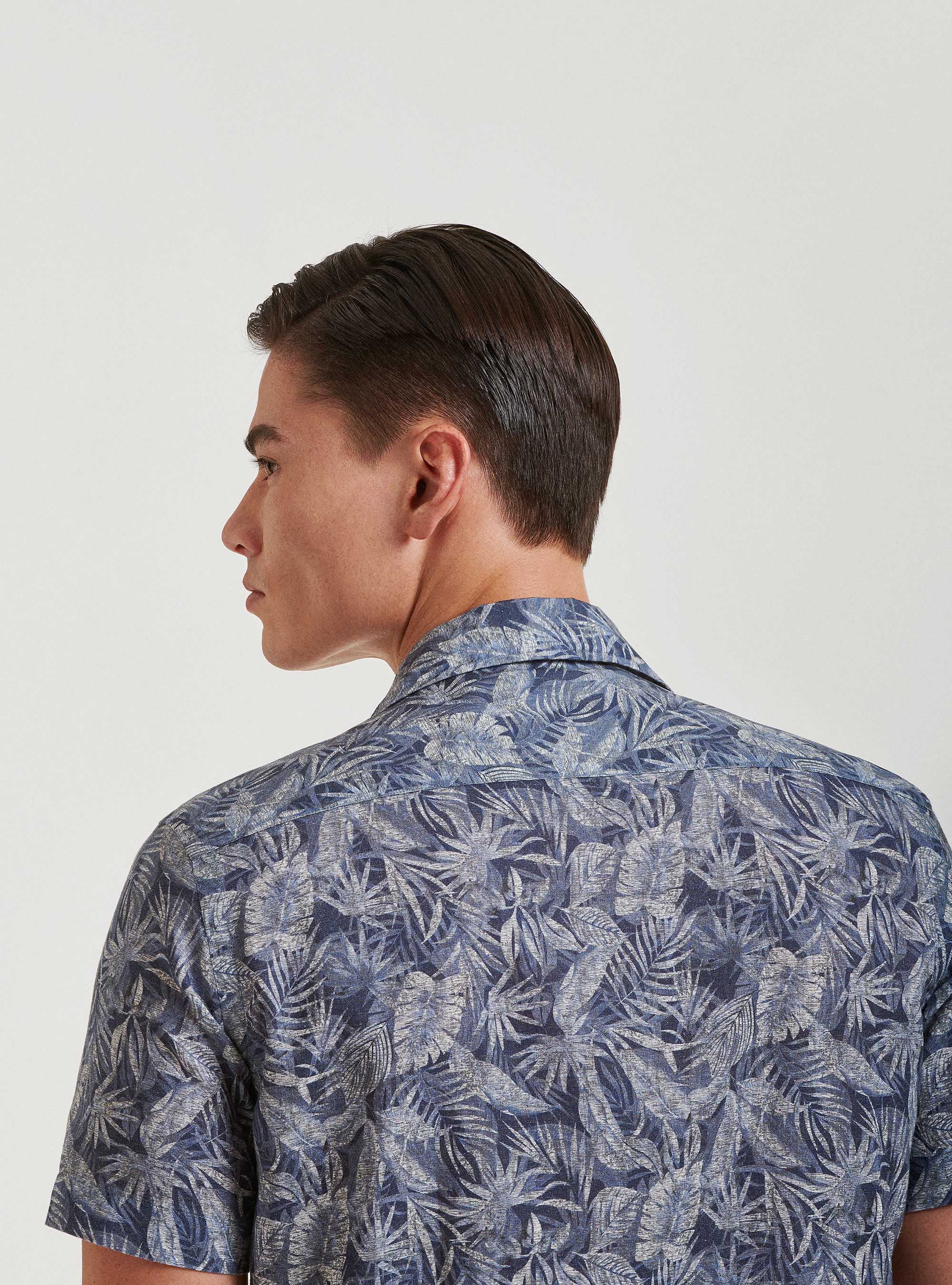 Camicia stampata in lino e cotone con collo bowling, BLU