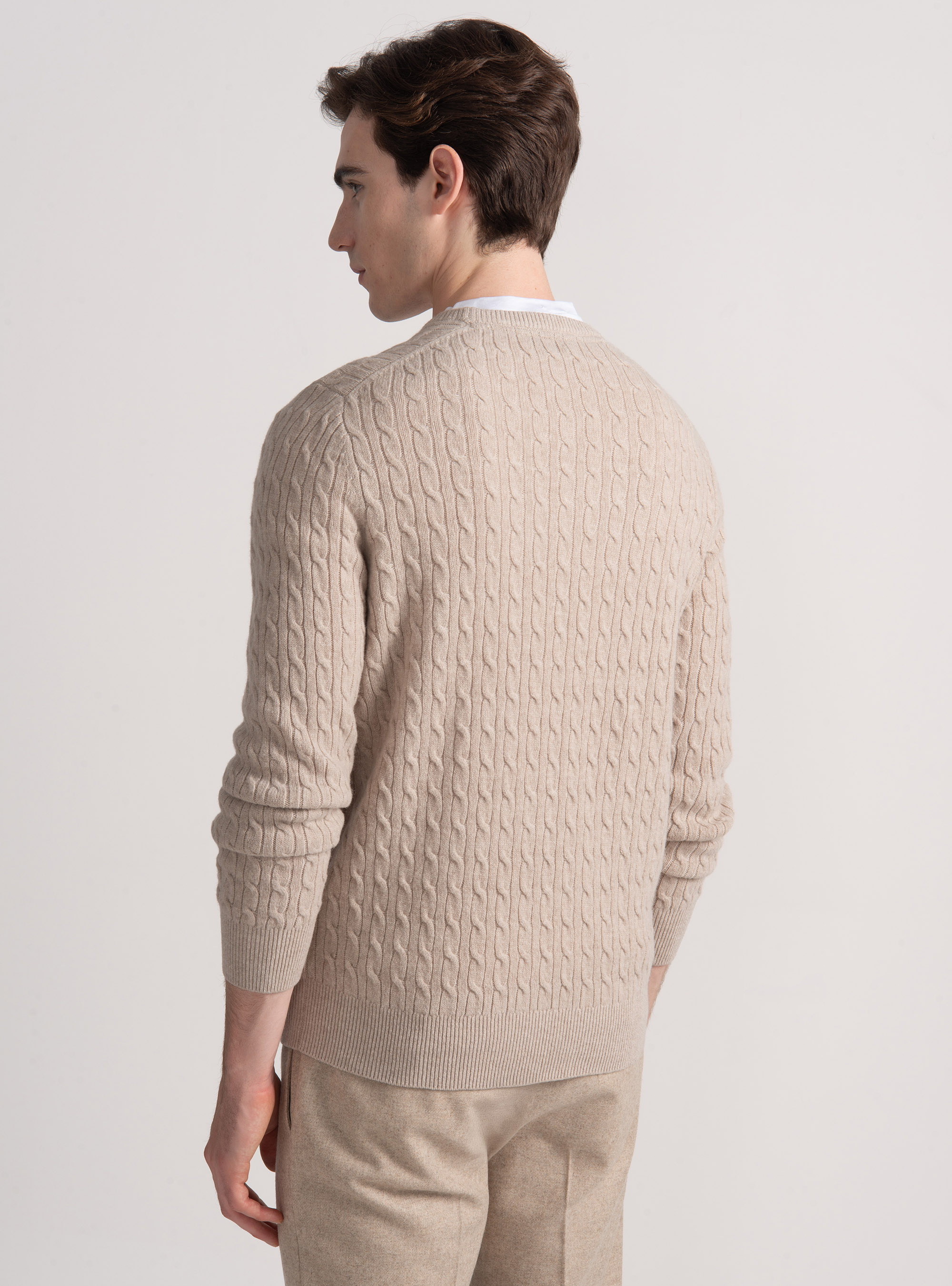 Cashmere wool crew-neck sweater with braid, ECRU