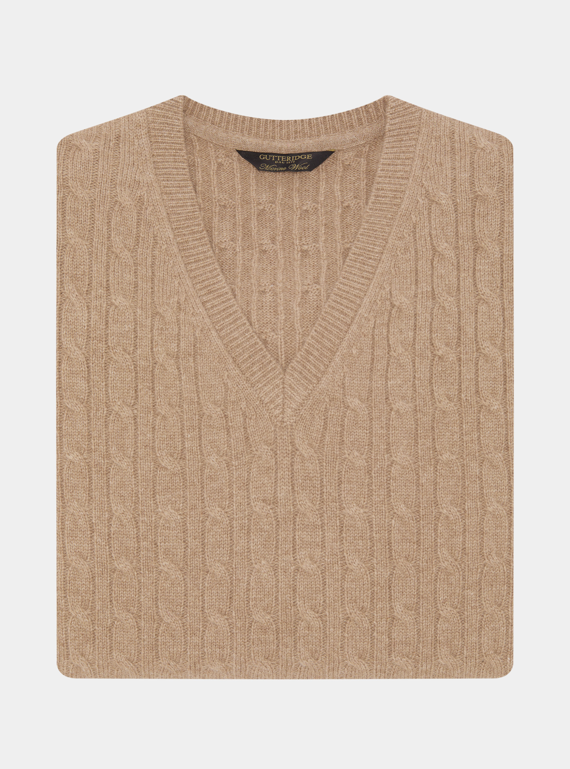 Maglia scollo a V con treccia in lana merino, CAMMELLO 0570C