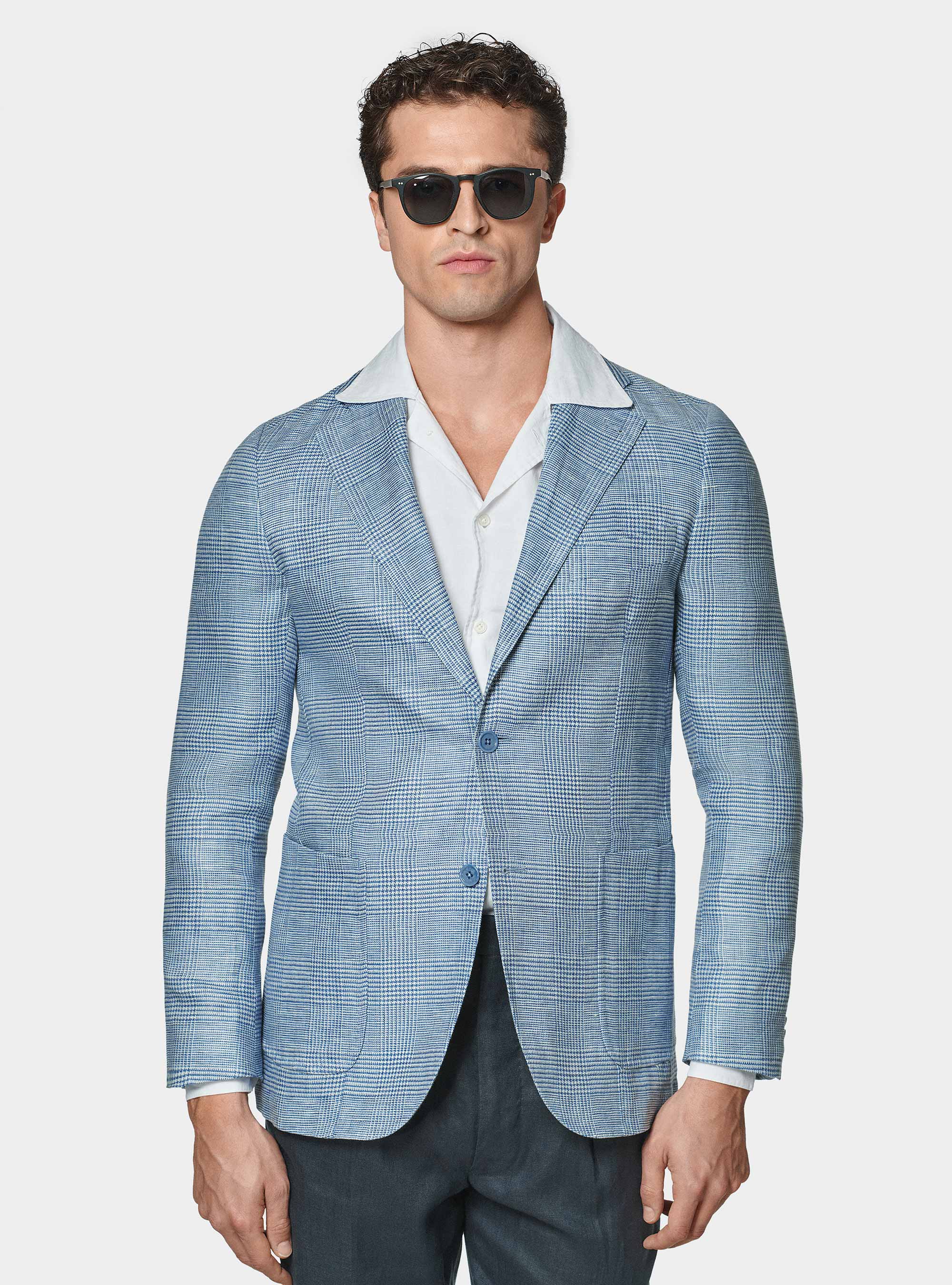 Prince of Wales blazer in pure linen, LIGHT BLUE