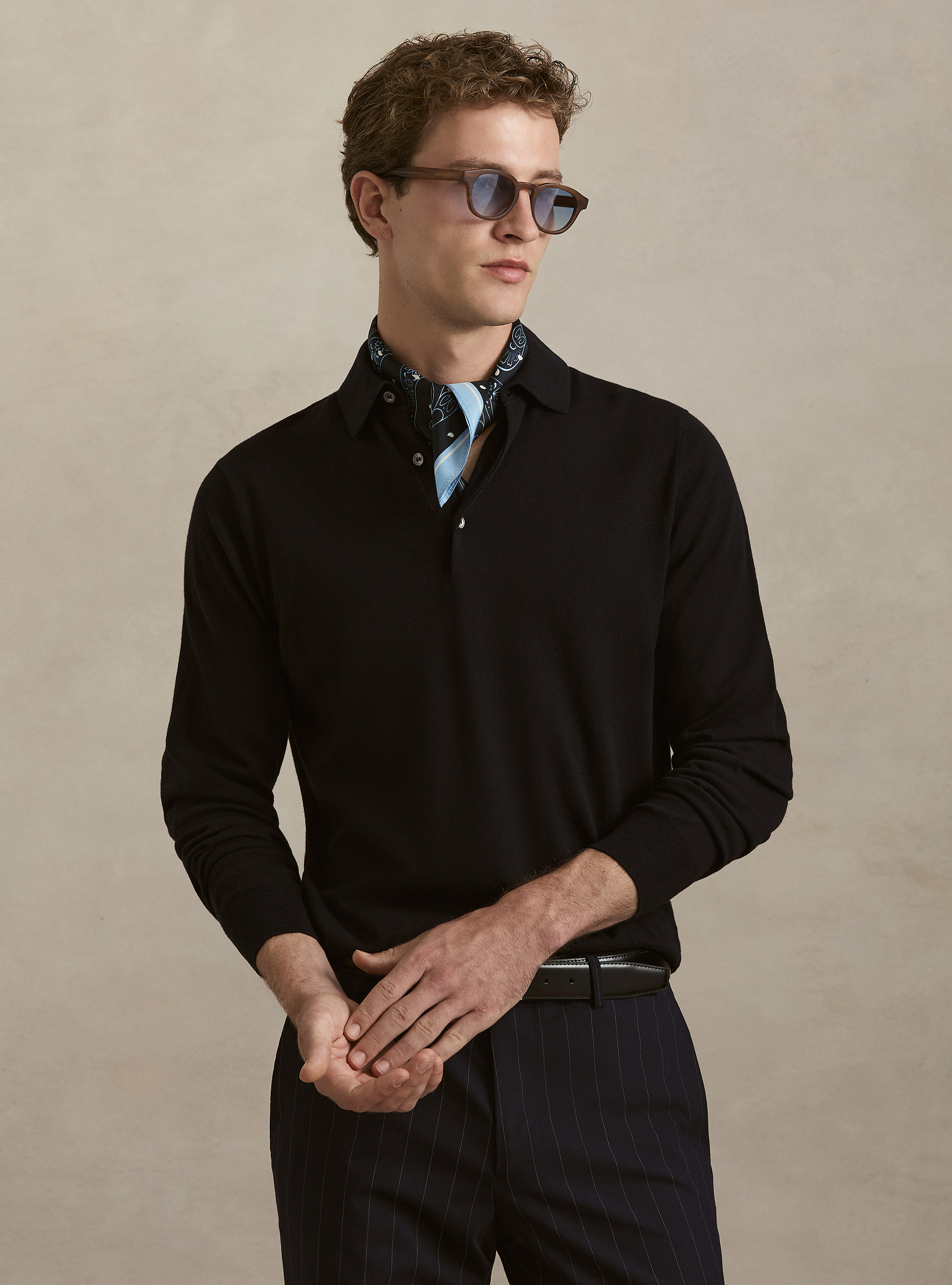 Cotton and cashmere blend knitted polo, NAVY BLUE