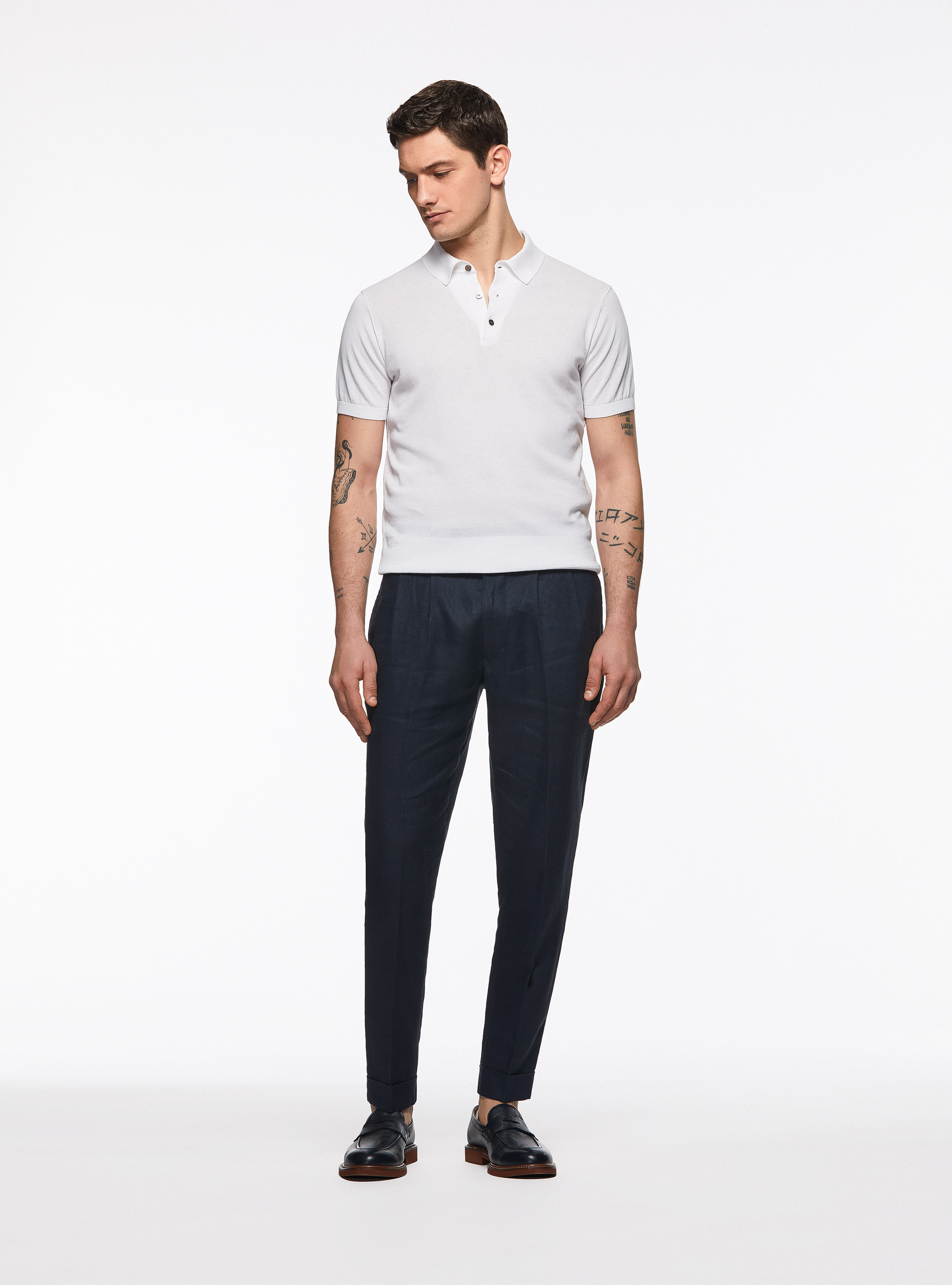 Pantaloni doppia pince in puro lino, BLU NAVY