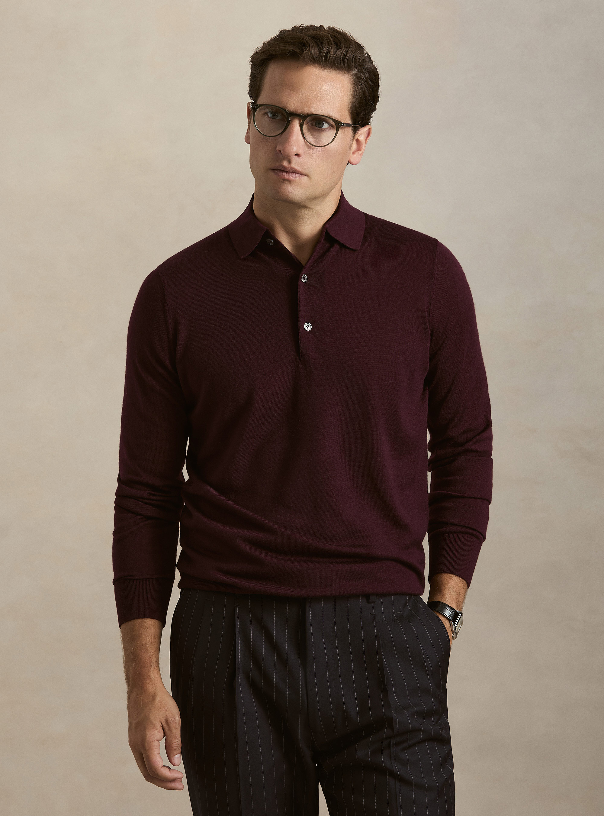 Extrafine merino wool knit polo shirt, BORDEAUX