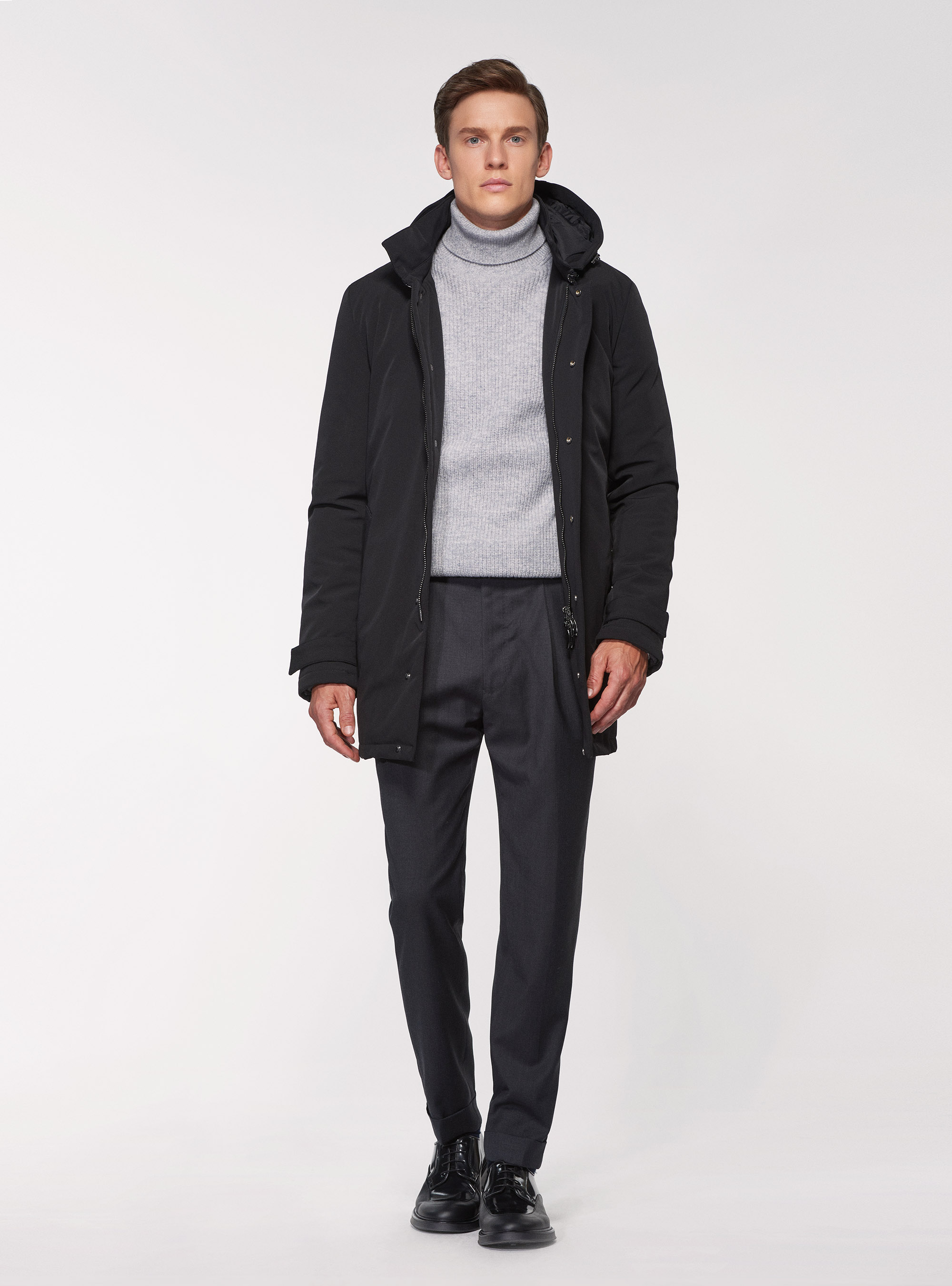 Maglia collo alto di lana lambswool in costa perlata, GRIGIO MELANGE 0151C