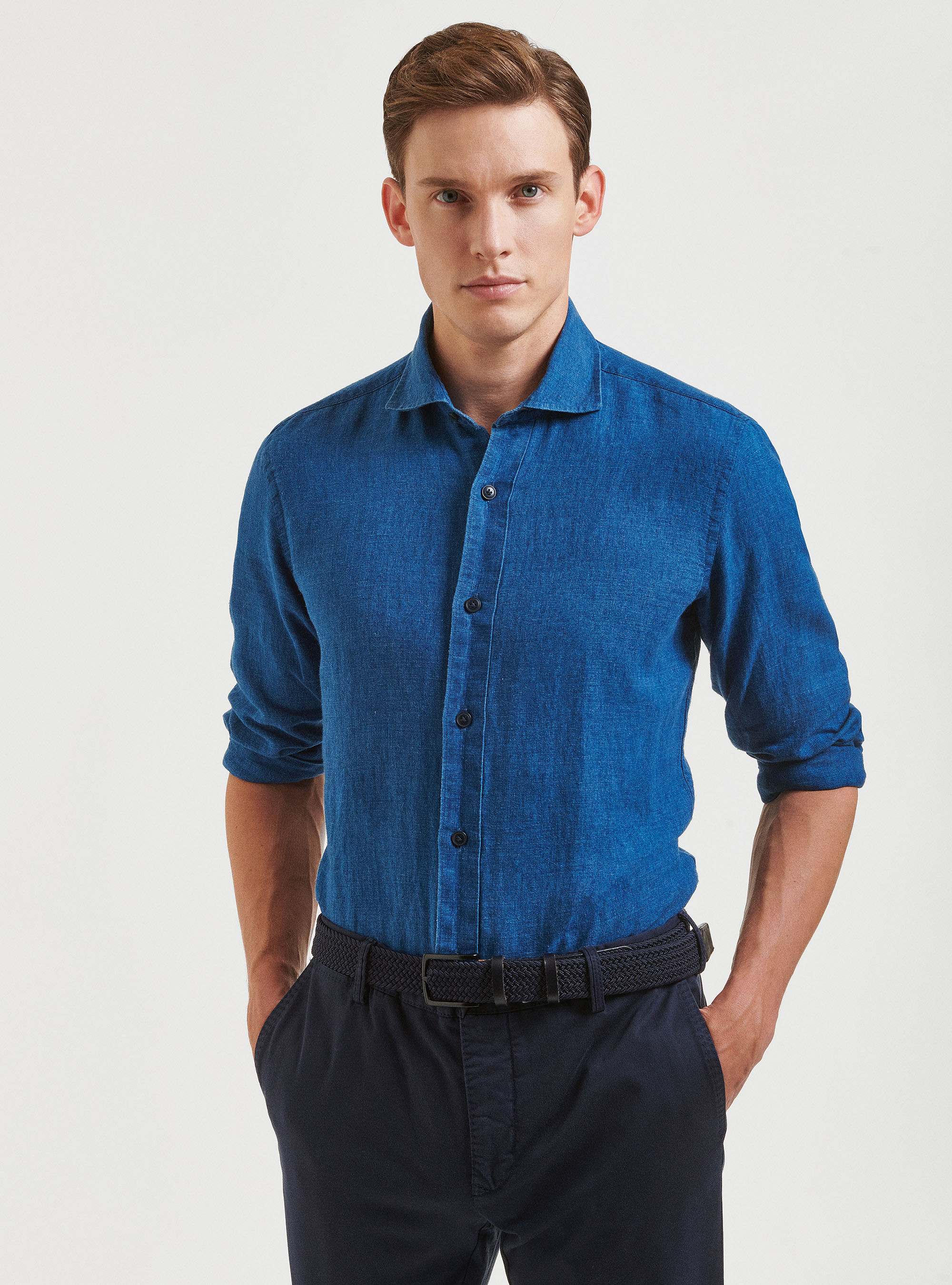 Camicia collo semi francese in lino cotone