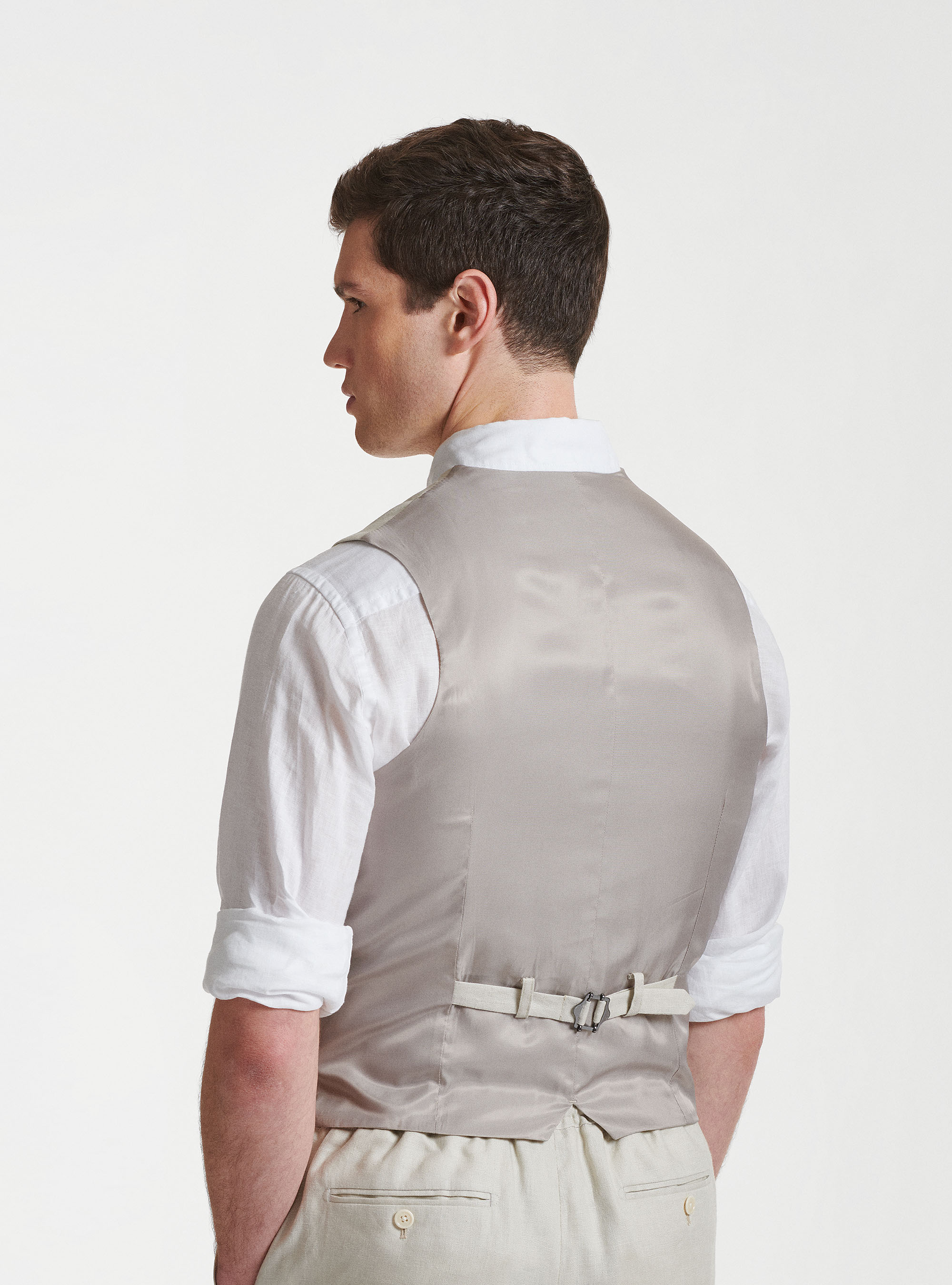 Gilet monopetto in puro lino con revers, ECRU