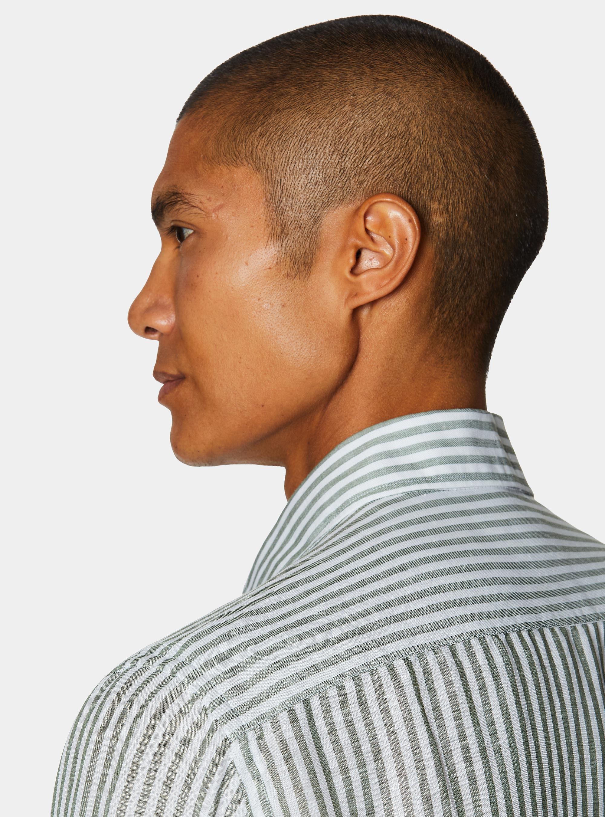 Camicia rigata in misto lino, VERDE