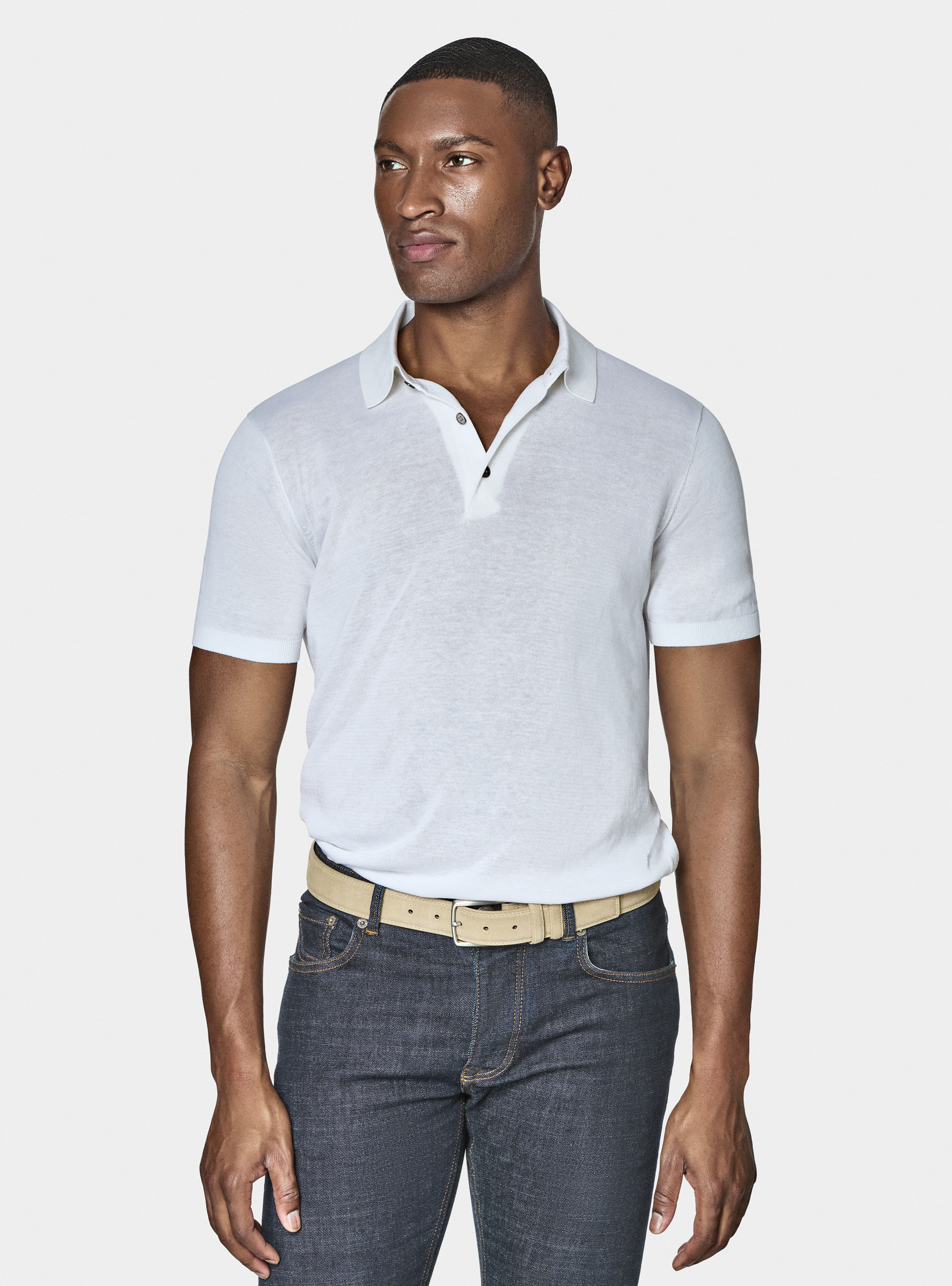 Maglia a polo in cotone e seta, BIANCO