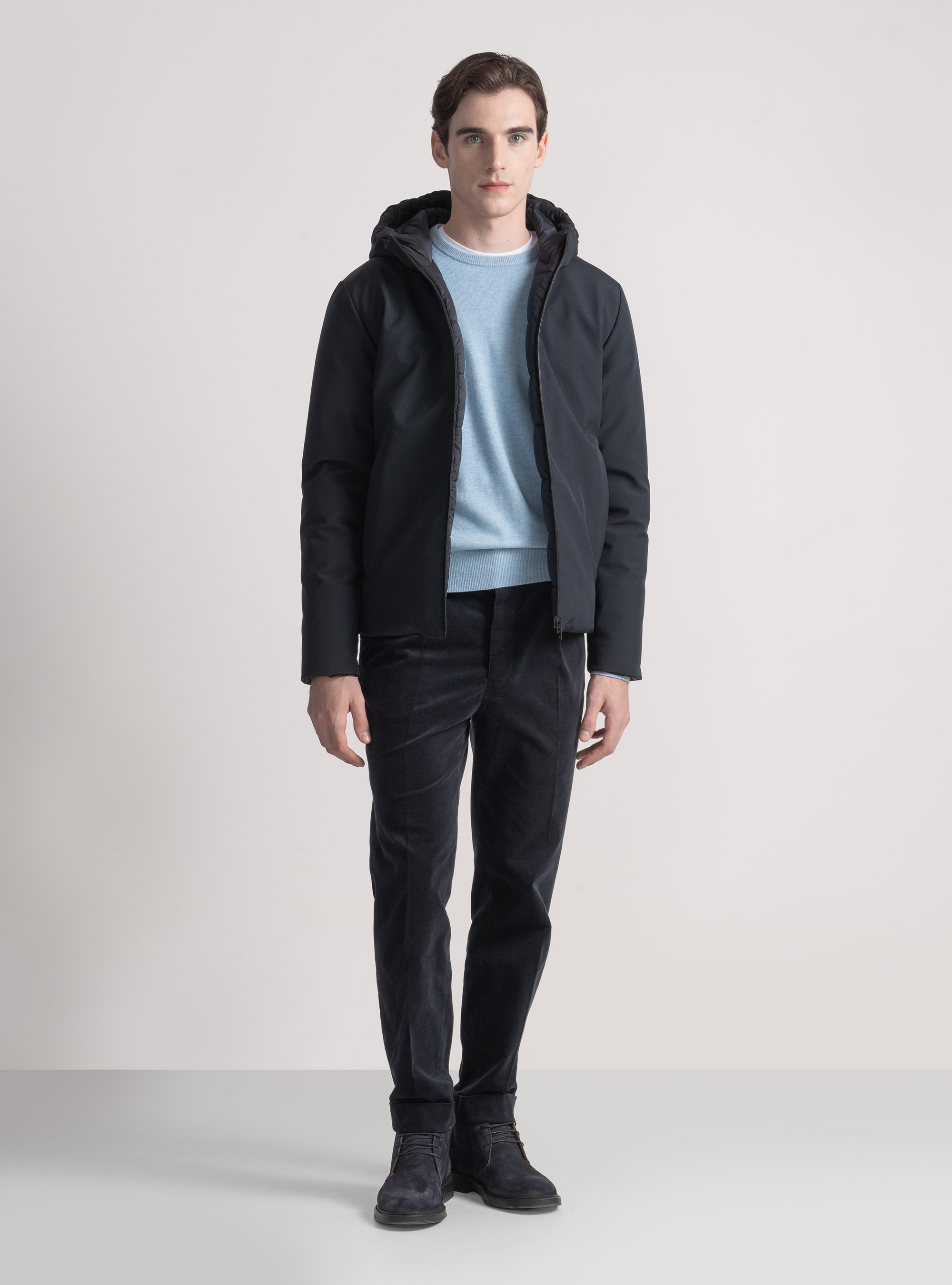 Reversible technical jacket with hood, NAVY BLUE