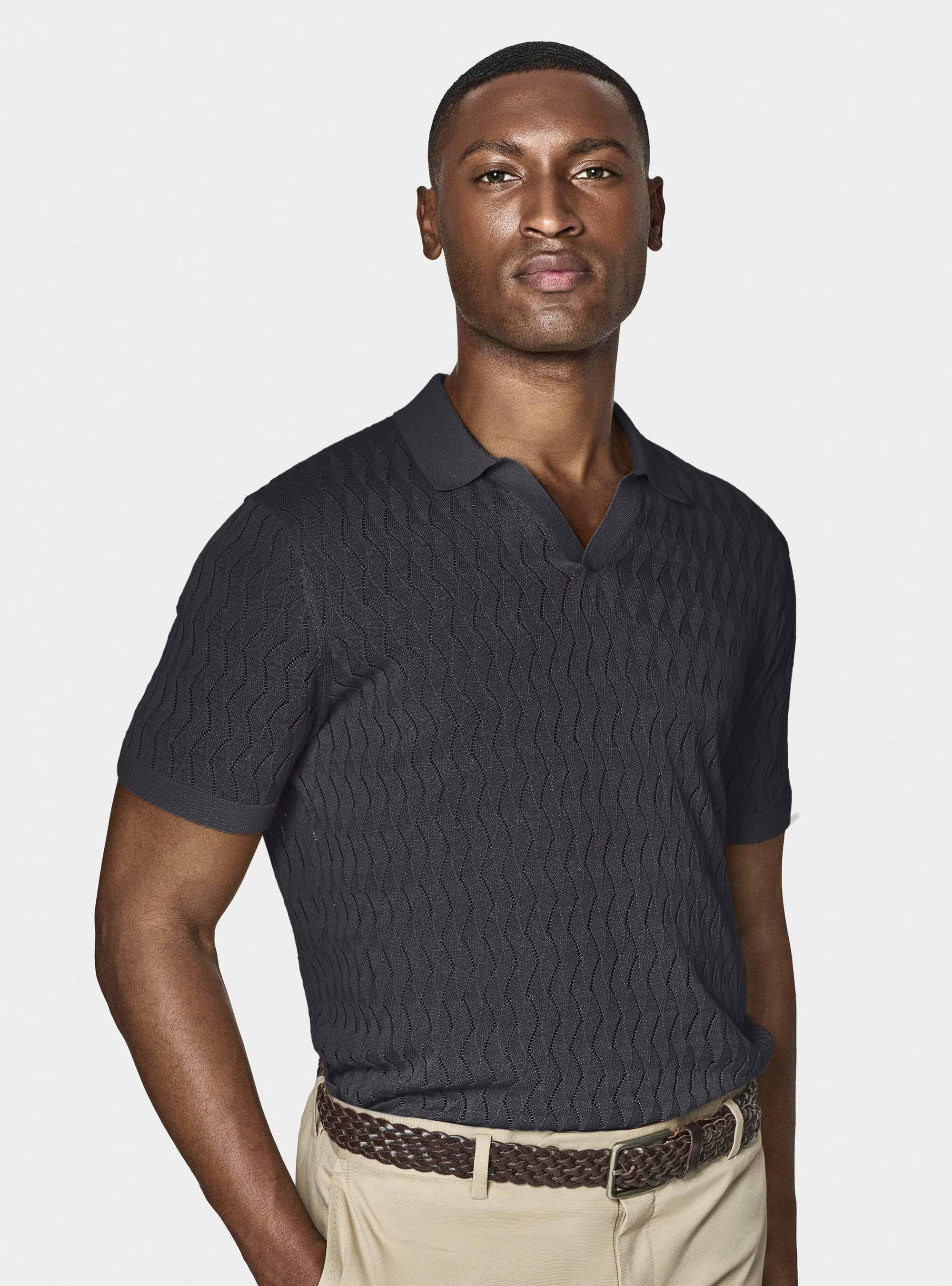 Polo in maglia traforata senza bottoni in cotone e seta, BLU NAVY