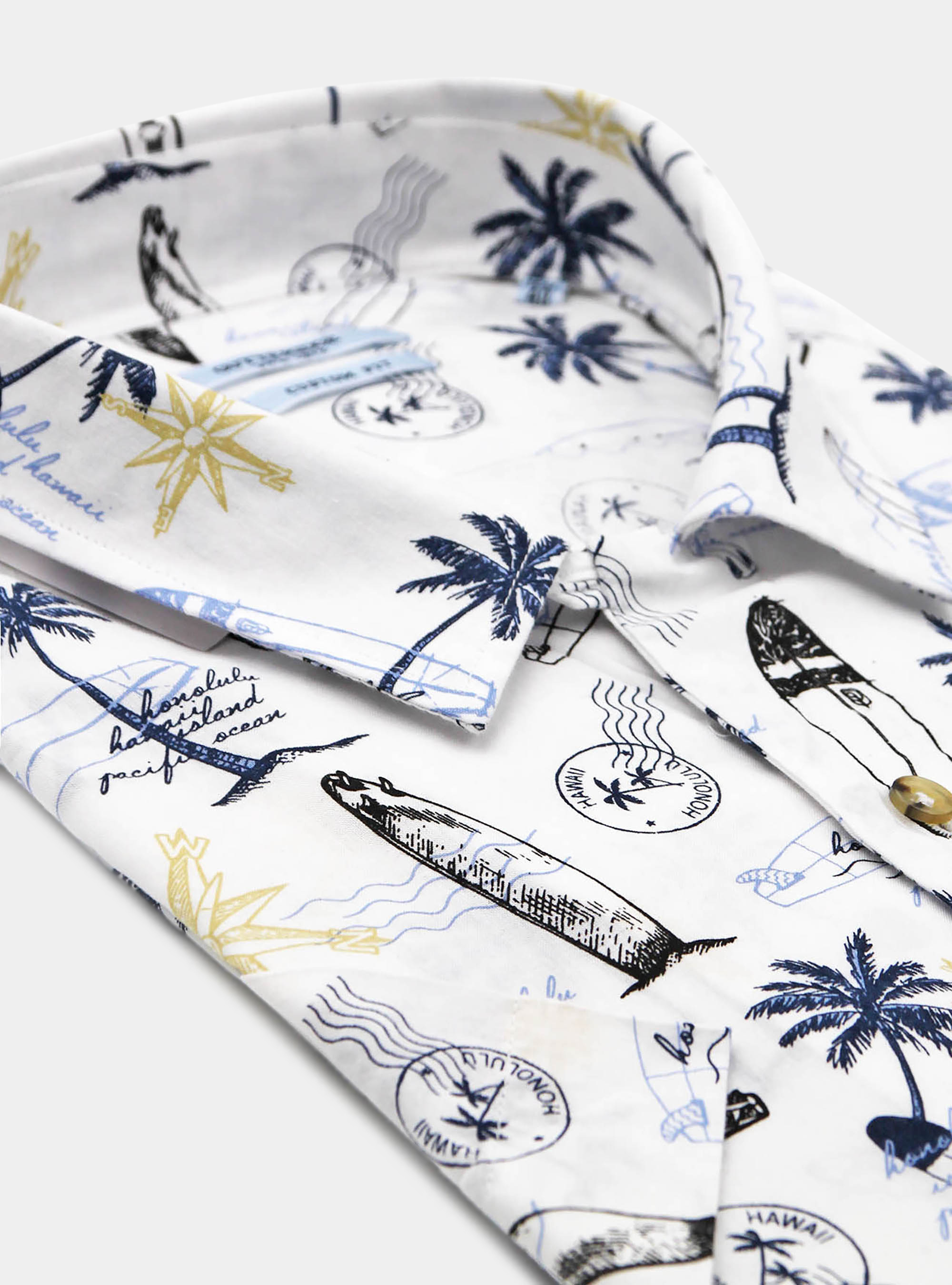 Camicia collo bowling stampa hawaiana, ECRU